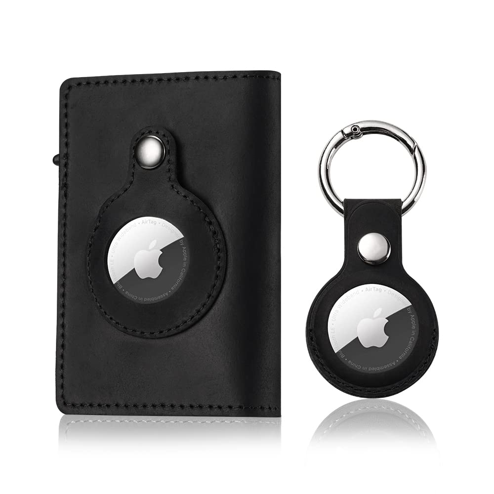 Premium Genuine Leather Airtag Wallet & Key Holder for Men - RFID Blocking Multifunctional Wallet with Apple AirTag Case Cover - Perfect for Travel, Daily Use & Anti-Theft Protection (Black)