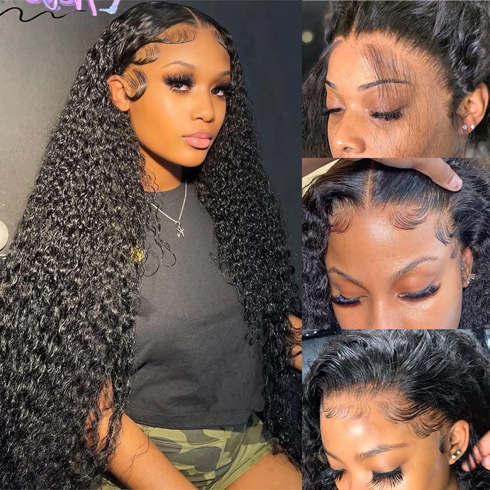 13x4 Deep Wave Lace Front Wig Human Hair | Pre Plucked Brazilian Virgin Hair with Baby Hair | 180% Density Wet & Wavy Transparent Lace Wig | Natural Black Color 24 Inch | Perfect for Daily Wear, Parties & Special Occasions