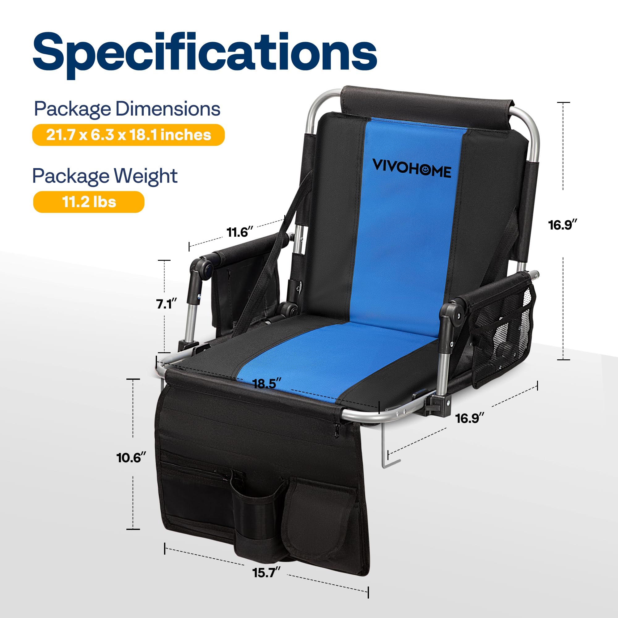 VIVOHOME 2 Pack Stadium Seats with Back Support & Cushion - Portable Bleacher Chairs with Cup Holder, Storage Bags & Shoulder Strap - Black & Blue - Perfect for Football Games, Concerts & Outdoor Events
