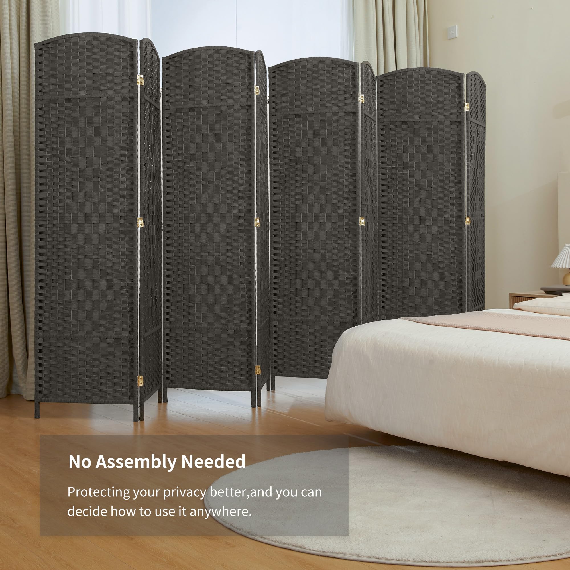 Duraspace 8-Panel 6FT Tall Woven Fiber Room Divider - Freestanding Double Hinged Folding Privacy Screen for Home, Office, Patio & Events (Gray) - Perfect for Creating Private Spaces Indoors & Outdoors