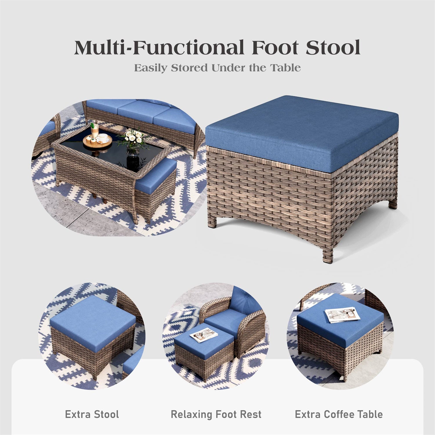 Phi Villa 5-Piece Wicker Outdoor Conversation Set with Swivel Glider & 2 Ottomans - Patio Furniture for Garden, Poolside, and Backyard Relaxation