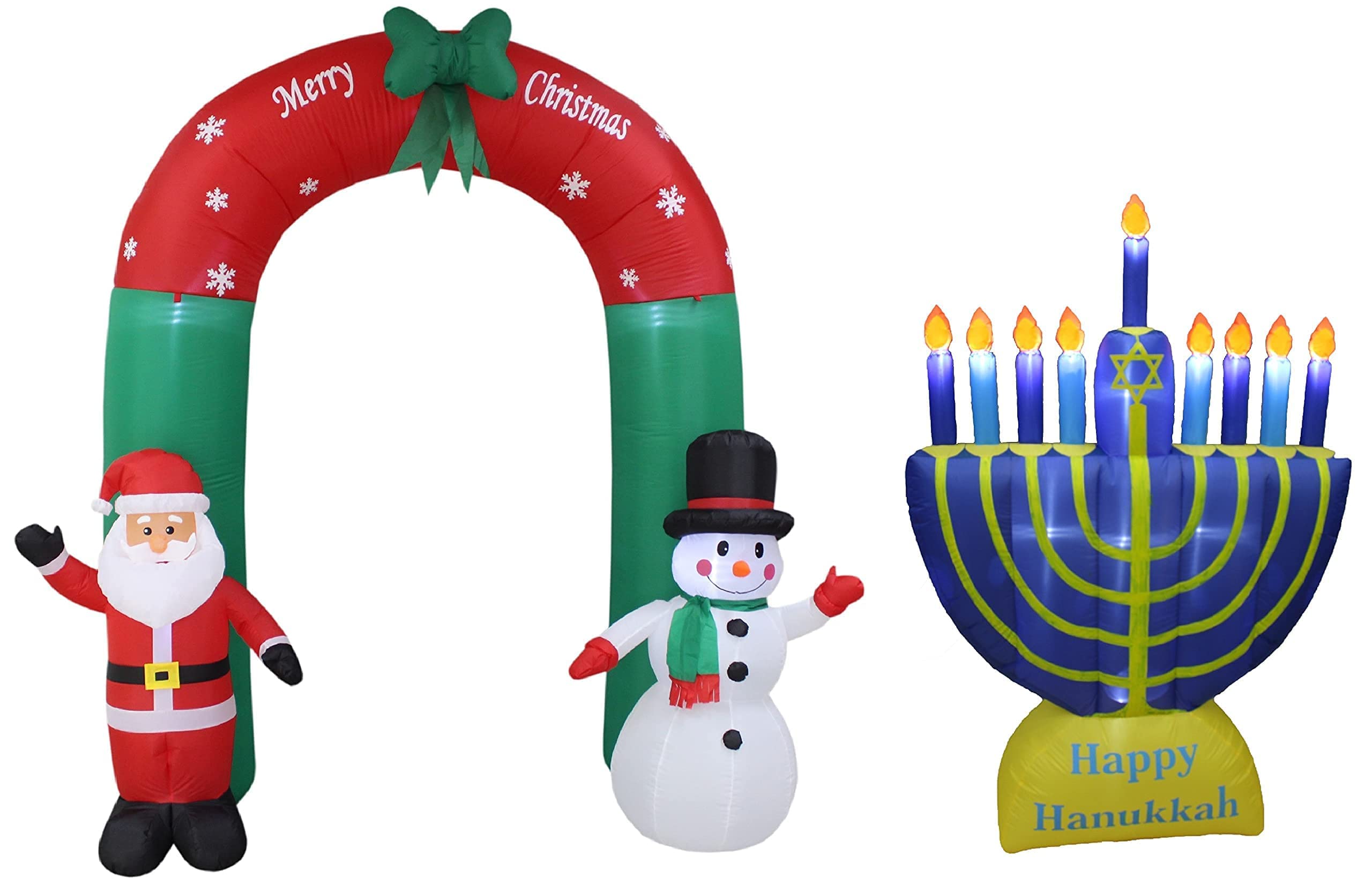 8ft Lighted Inflatable Santa Claus & Snowman Archway + 6ft Hanukkah Menorah with LED Lights - Christmas & Hanukkah Outdoor Decor Bundle for Yard, Lawn, and Holiday Party Decorations