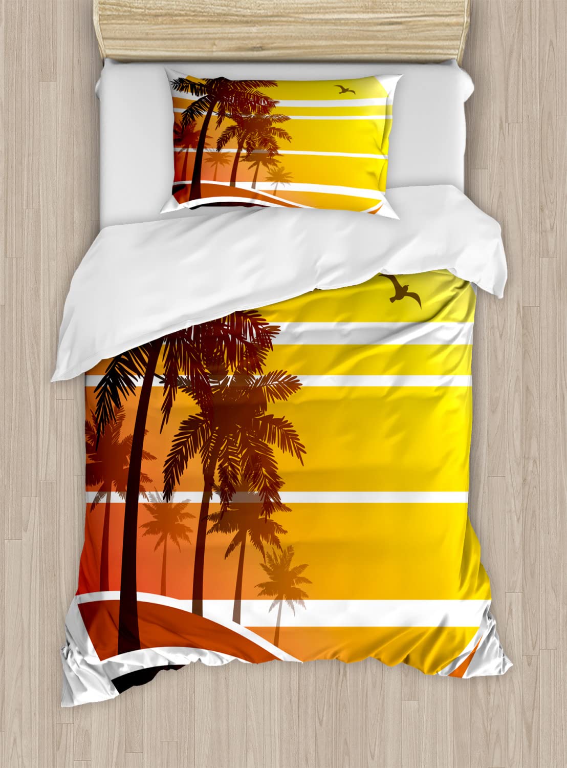 Ambesonne Tropical Duvet Cover Set - Exotic Beach Sunset with Palm Trees & Birds Design, Summer Vacation Themed Bedding (2-Piece Twin Size, Yellow Coral Brown) - Perfect for Beach House Decor, Guest Room Makeover & Tropical Bedroom Theme