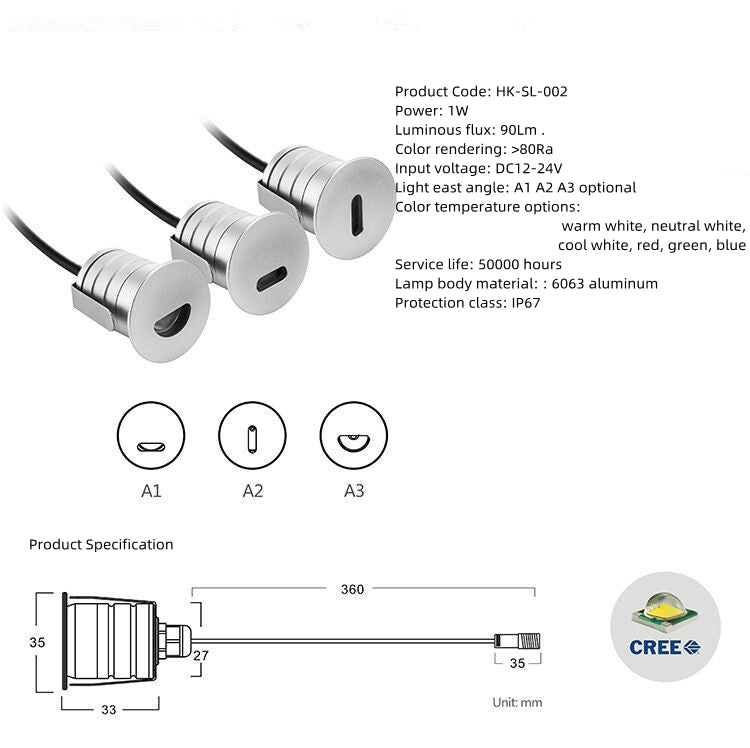 8PCS Pack DC12/24V 1W IP67 Waterproof LED Inground Lights with A1/A2/A3 Lens - Outdoor Deck, Stair & Step Lighting for Patio, Garden & Pathway (Free Shipping)
