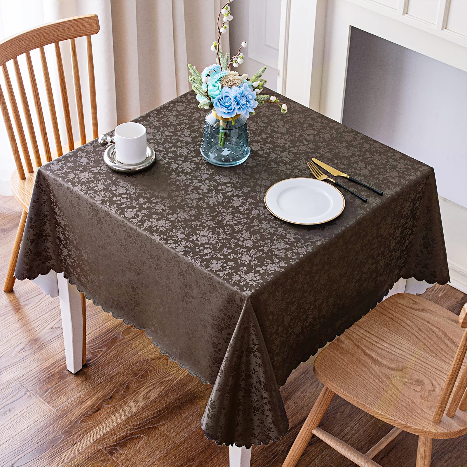 Smiry Square Waterproof Vinyl Tablecloth - Heavy Duty, Wipeable & Washable Table Cover for Kitchen, Dining Room, Outdoor Picnics & Parties (Coffee, 54