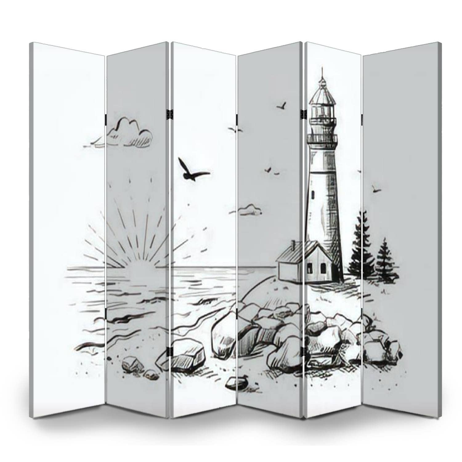 6 Panel Folding Room Divider - Coastal Seascape Canvas Privacy Screen with Ocean Waves & Lighthouse for Home Office, Bathroom, or Bedroom - Perfect for Workspace Separation and Decorative Room Partition