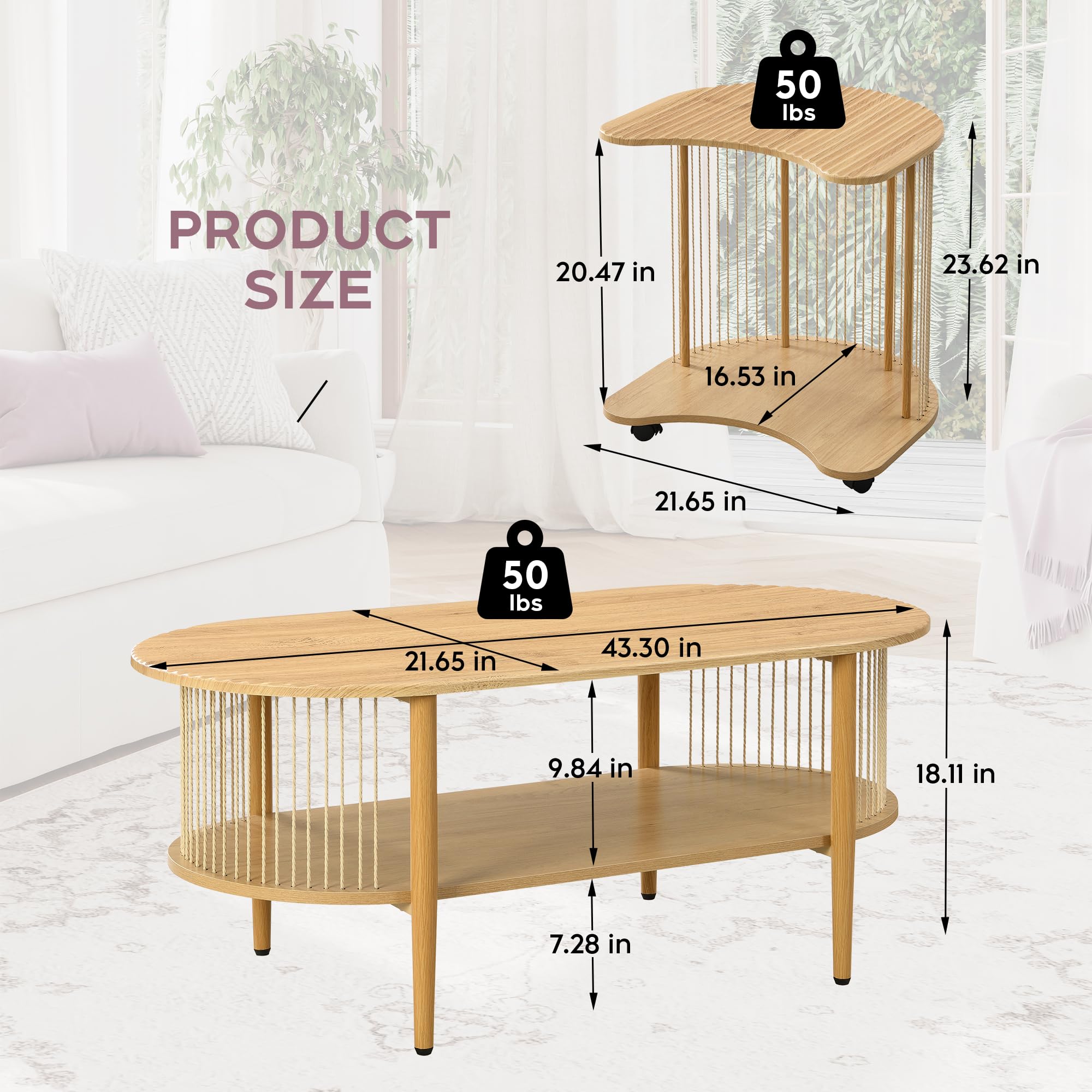 Brafab 2-Piece Boho Natural Fiber Rope Coffee Table Set - Modern Oval Nesting Side Tables with Fluted Tabletop & 2-Tier Storage, Wheeled End Tables for Living Room, Bedroom & Patio Decor