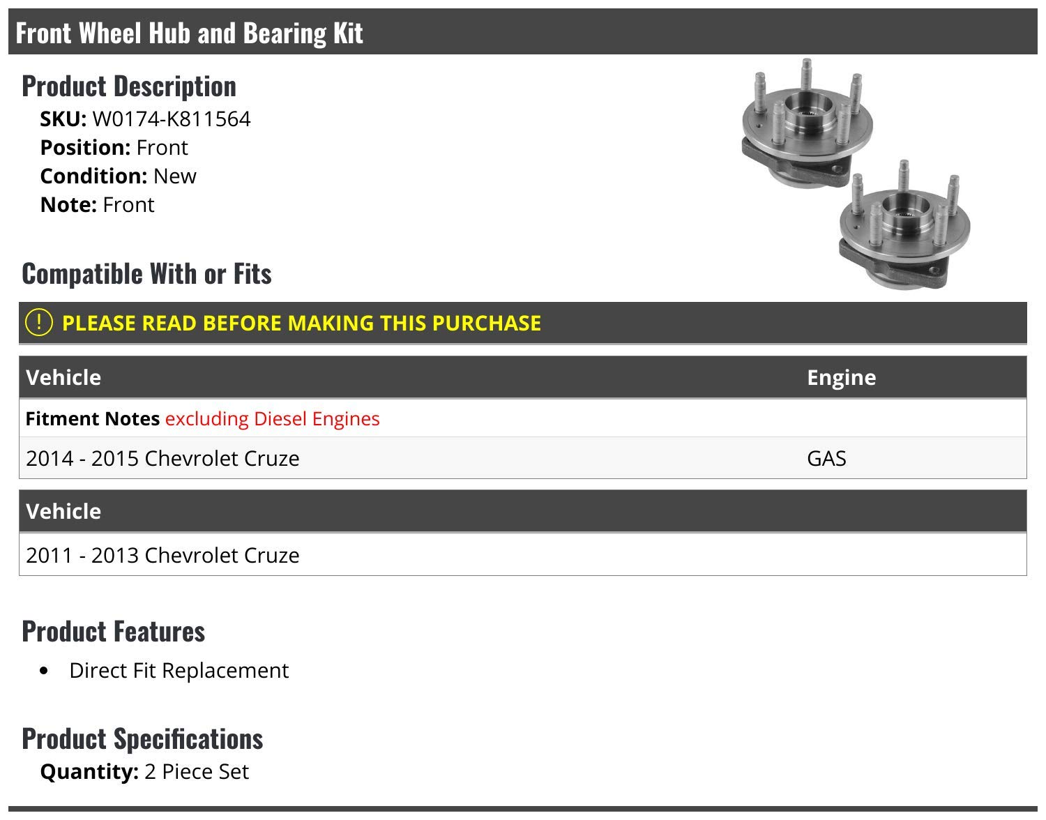Chevy Cruze Front Wheel Hub and Bearing Assembly Kit (2011-2015 Models) - 2 Piece Set - Direct Replacement for GAS Engine - Perfect for DIY Repairs & Smooth Ride Maintenance