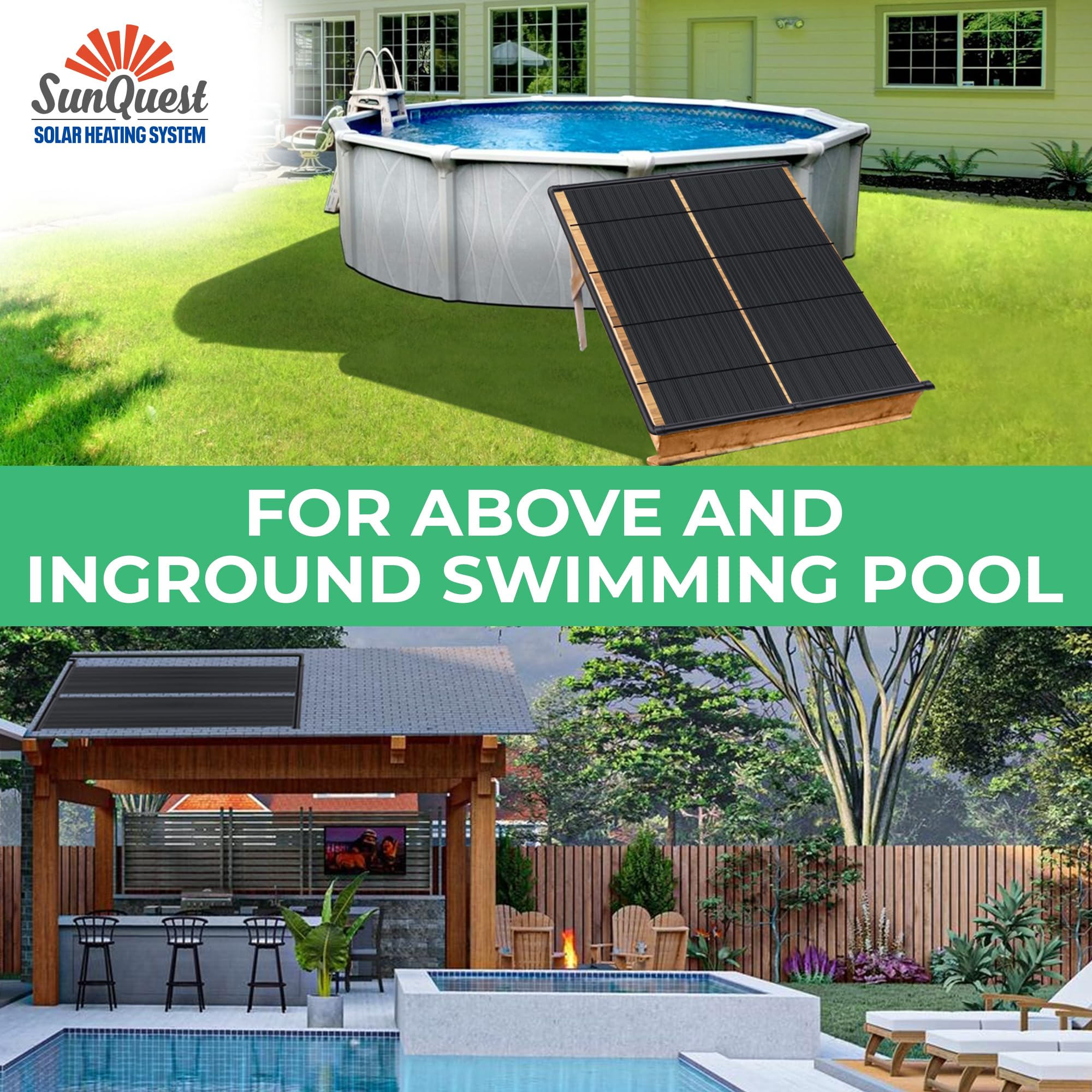 SunQuest Solar Pool Heater Panels - 2 Pack (2ft x 12ft) with Roof/Rack Kit - Efficient Solar Water Heater for Above Ground & Inground Pools - DIY Polypropylene UV-Resistant Panels | Perfect for Backyard Pool Heating & Energy Savings