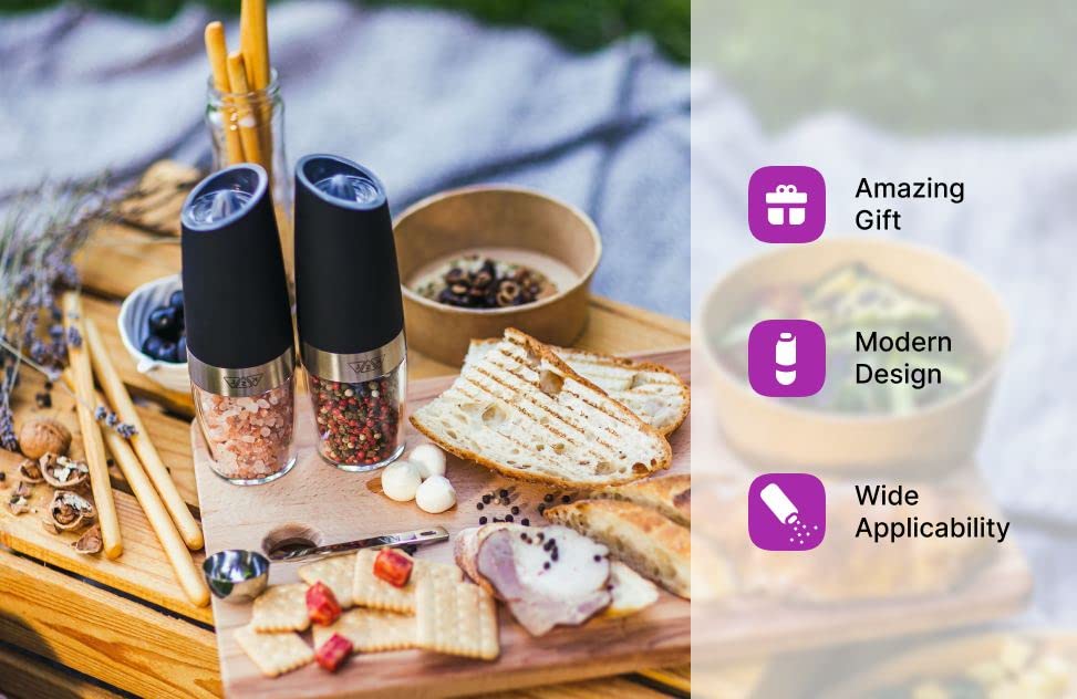 KSL Gravity Electric Salt and Pepper Grinder Set - Automatic Adjustable Battery Powered Mill - Perfect Kitchen Gadget for Cooking & Seasoning - Ideal Mother's Day Gift for Home Chefs