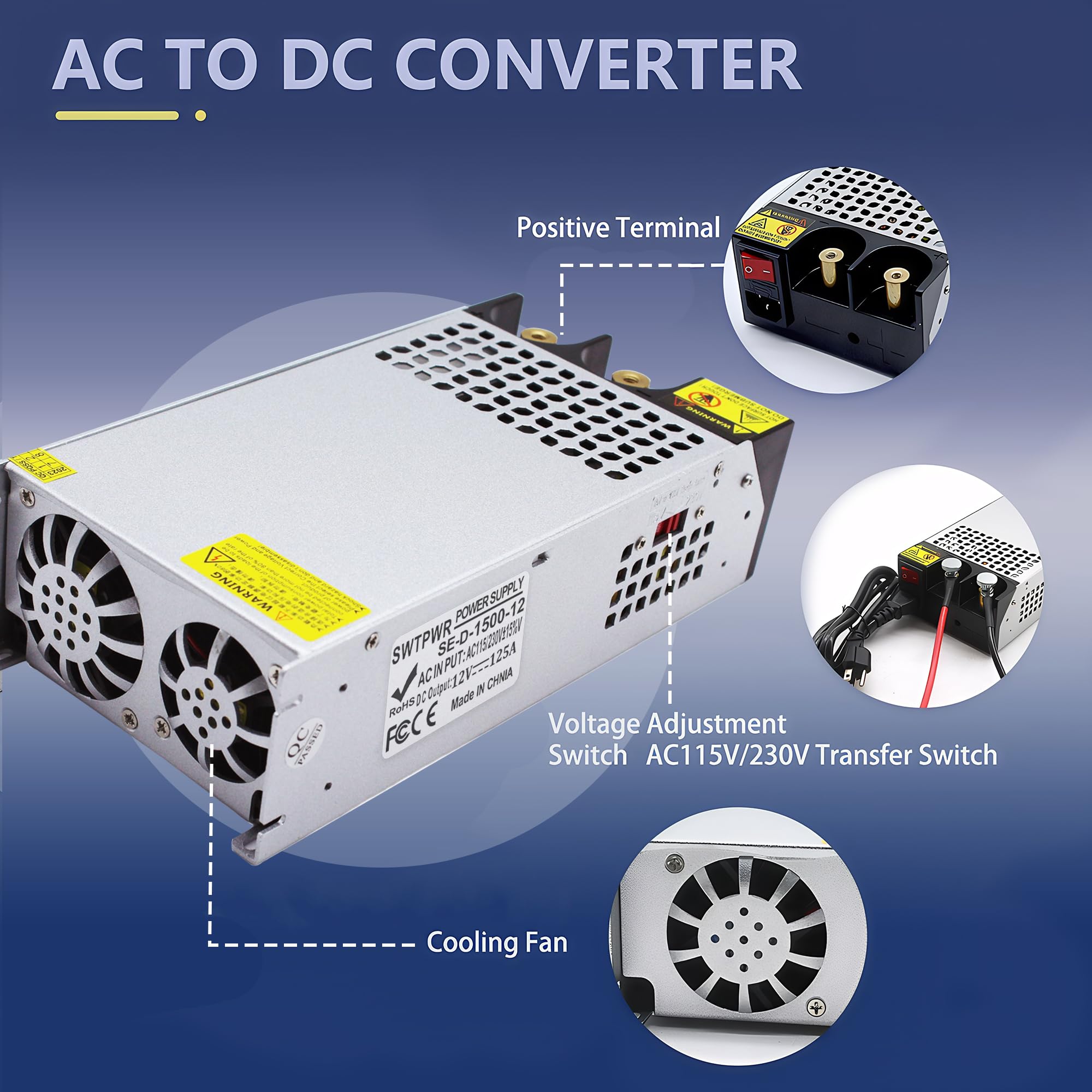 1500W AC to DC Power Supply Converter - 110V/230V Input to 12V 125A Output - for 3D Printers, CCTV Systems, LED Lighting, Motor Pumps & Air Compressors | Heavy Duty SMPS Transformer | DIY Power Adapter