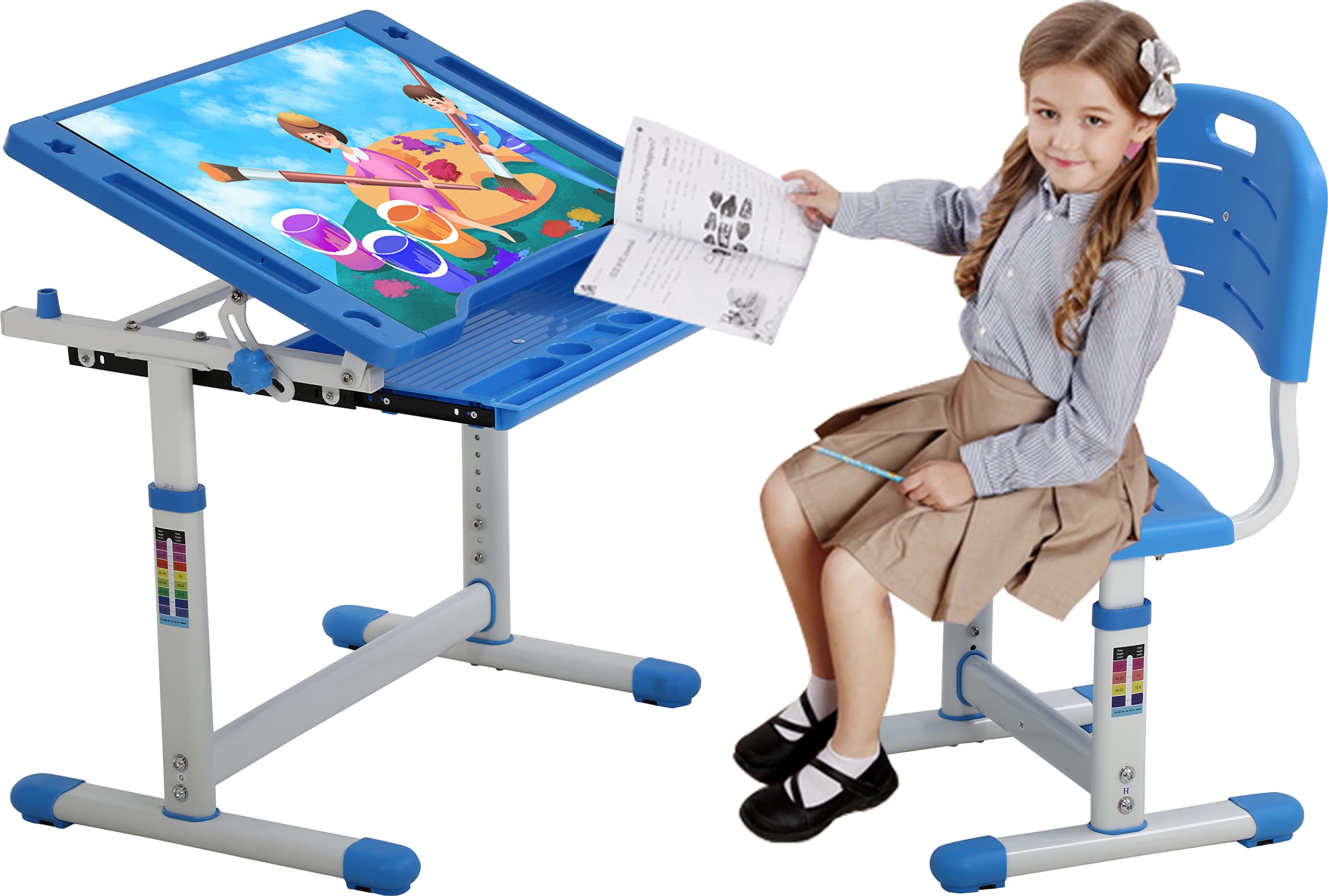 Adjustable Height Kids Desk and Chair Set - Ergonomic Study Table with Storage Drawers & Metal Hook for Schoolbag - Perfect for Homework, Online Learning, and Home Schooling (Blue)