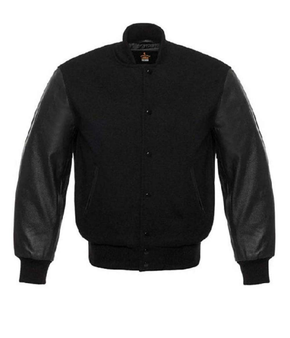 Men's Varsity Jacket - Baseball Letterman Bomber Jacket with Wool & Genuine Leather for School & College | Solid Black | Perfect for Sports Events, Casual Wear & Street Fashion