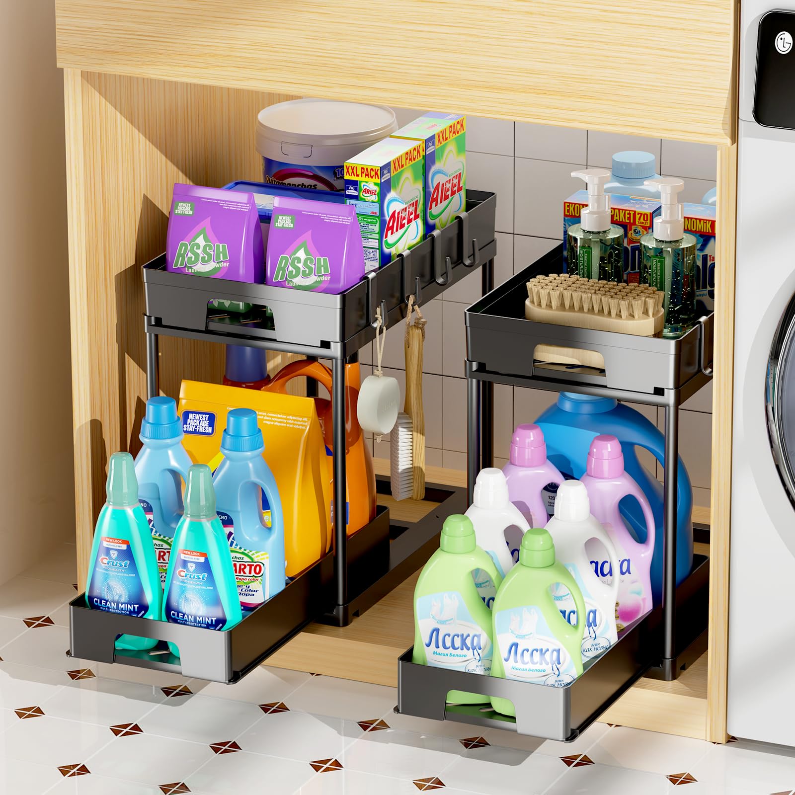 2 Pack Under Sink Organizers - Double Sliding Cabinet Storage for Kitchen & Bathroom, 2 Tier Adjustable Shelf with Hooks - Space Saving Solution for Cleaning Supplies, Sponges & Toiletries (Black) - Perfect for Small Spaces & Cluttered Cabinets