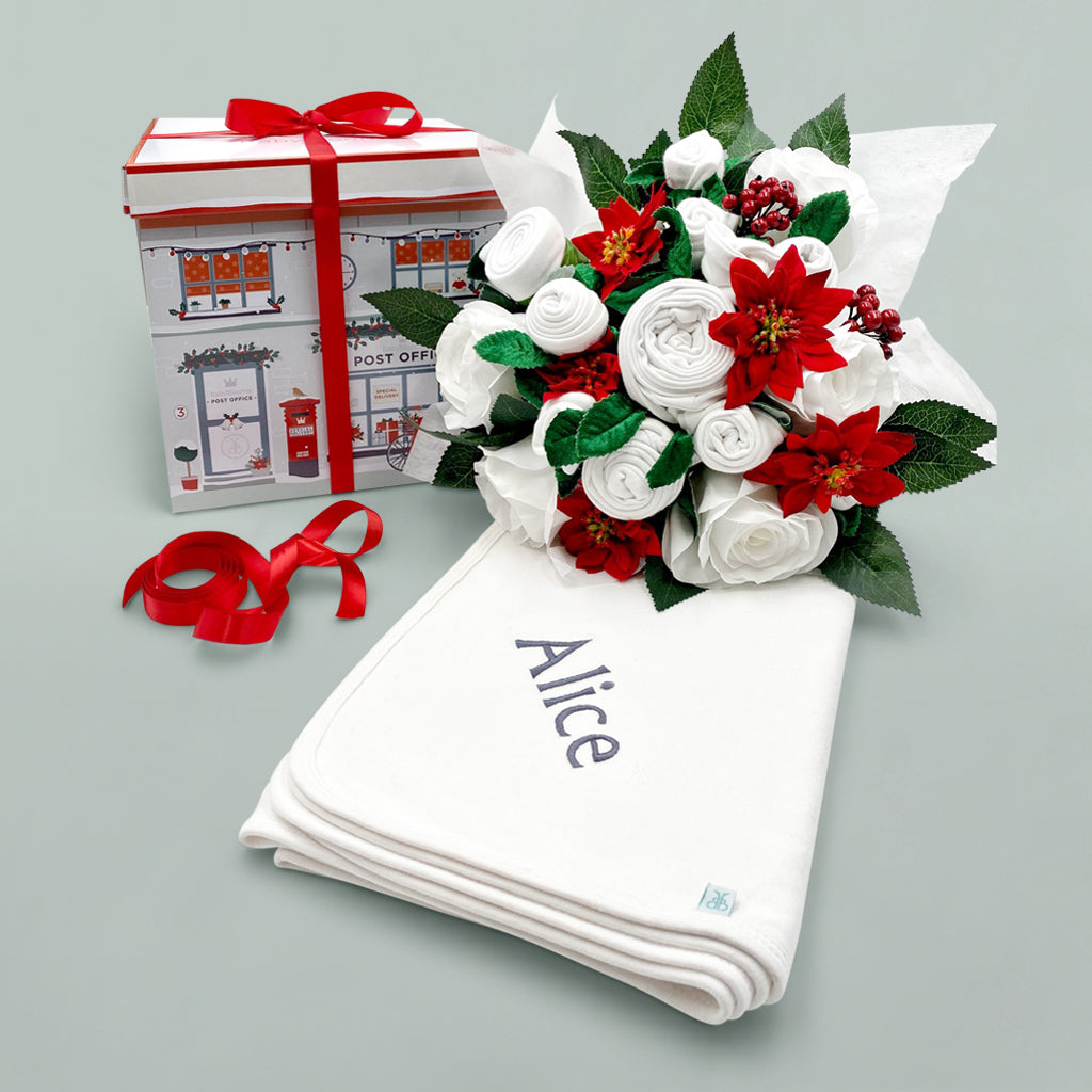 Luxury Christmas Rose Baby Clothes Bouquet with Personalized Snuggle Wrap - Grey | Perfect Baby Shower Gift & Newborn Photo Prop