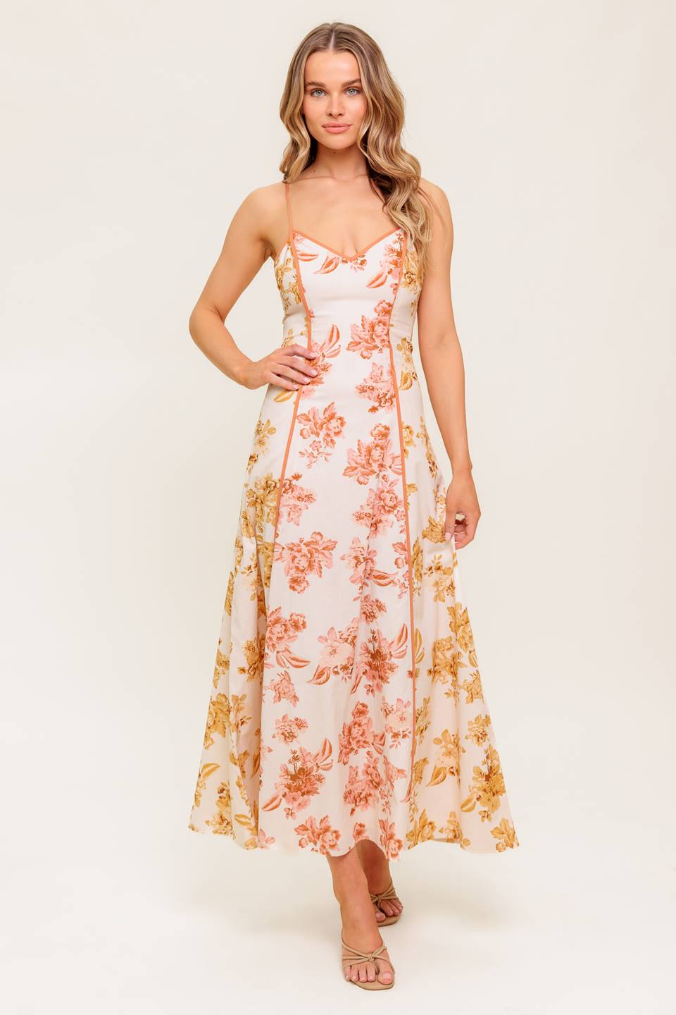 Carlyn Midi Dress - Mustard Floral Print Women's Casual Summer Dress for Beach, Party & Vacation