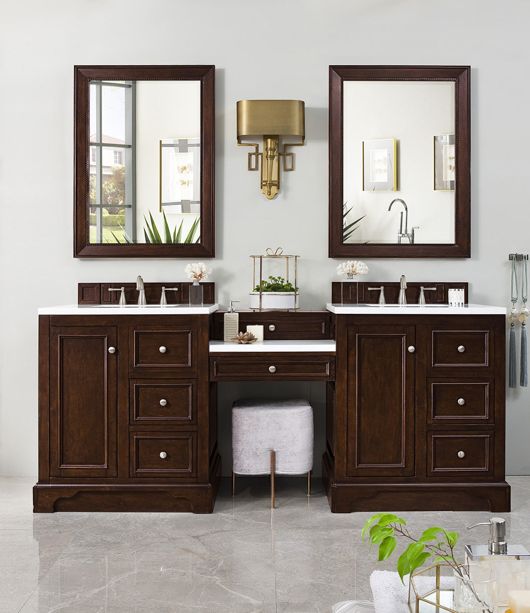 De Soto 82 Inch Double Vanity Set with Makeup Table - Burnished Mahogany Finish & 3CM Arctic Fall Solid Surface Top - Perfect for Master Bathroom Renovation & Luxury Home Decor