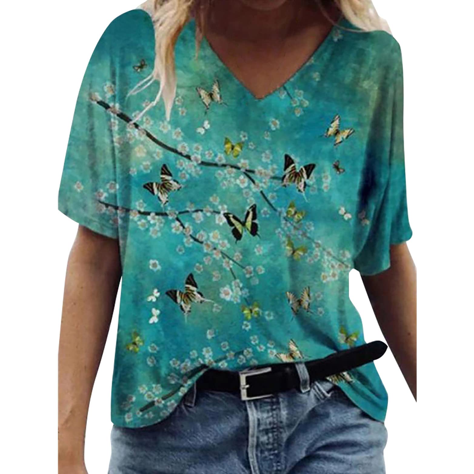Women's Short Sleeve V-Neck T-Shirts - Cute Printed Graphic Tees for Summer | Casual Loose Fit Top for Everyday Wear, Outings & Vacation