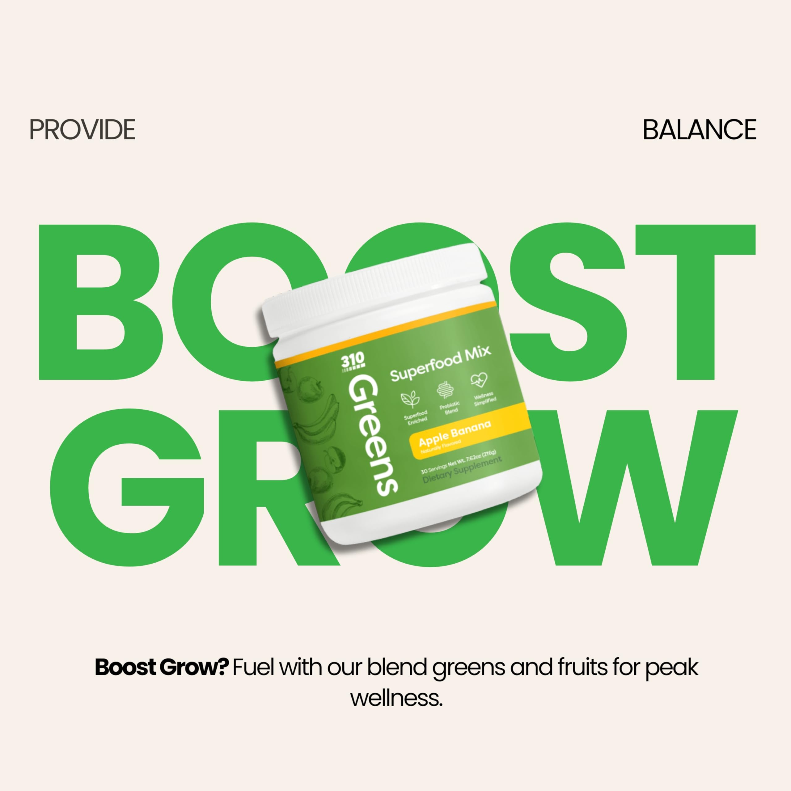 310 Greens Blend Superfood Powder with Fruits, Vegetables, Digestive Enzymes & Probiotics - 30 Servings (Apple Banana Flavor) for Energy Boost, Gut Health & Daily Nutrition