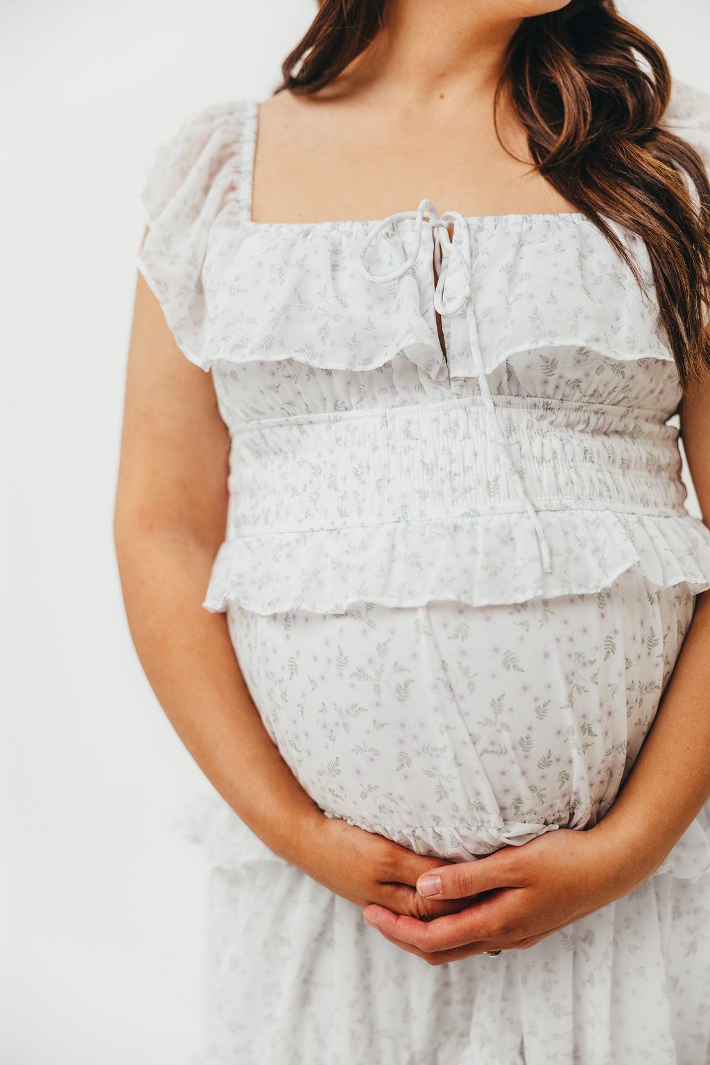 Astrid Ruffle Detail Maxi Dress - Lavender Floral Maternity Dress for Bump Friendly Comfort | Perfect for Baby Showers, Summer Weddings & Beach Vacations
