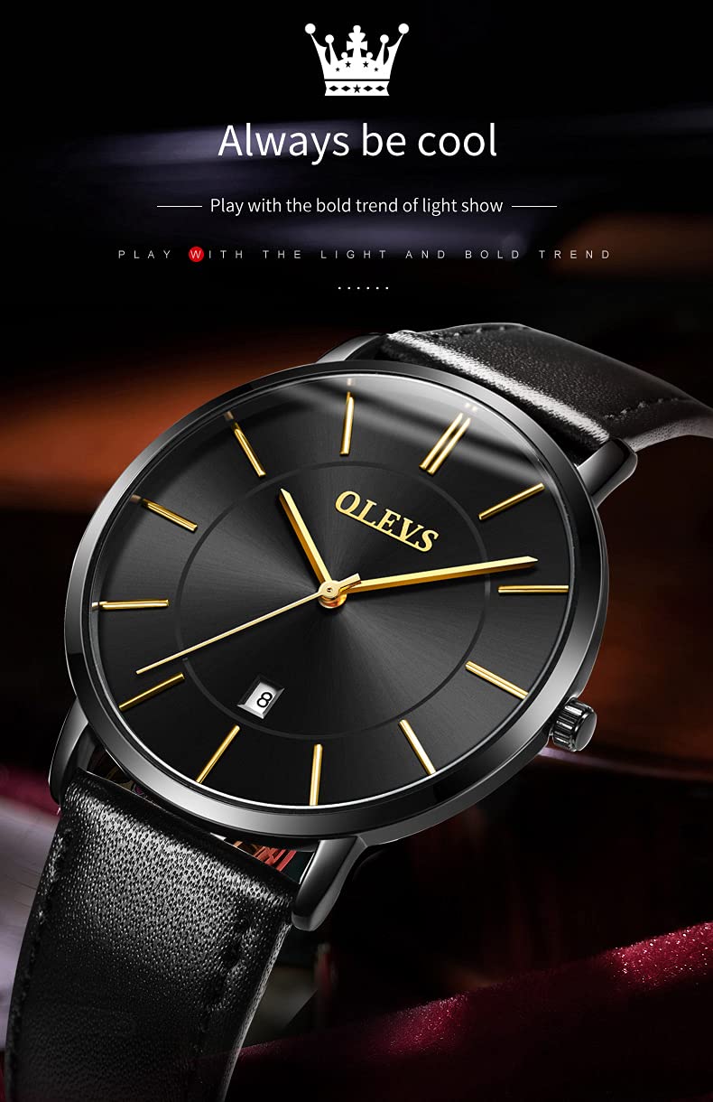 OLEVS Men's Ultra Thin Minimalist Dress Watch - Slim Analog Quartz Watch with Date, Big Face & Leather Band - Waterproof Casual Wristwatch for Business, Office & Formal Occasions
