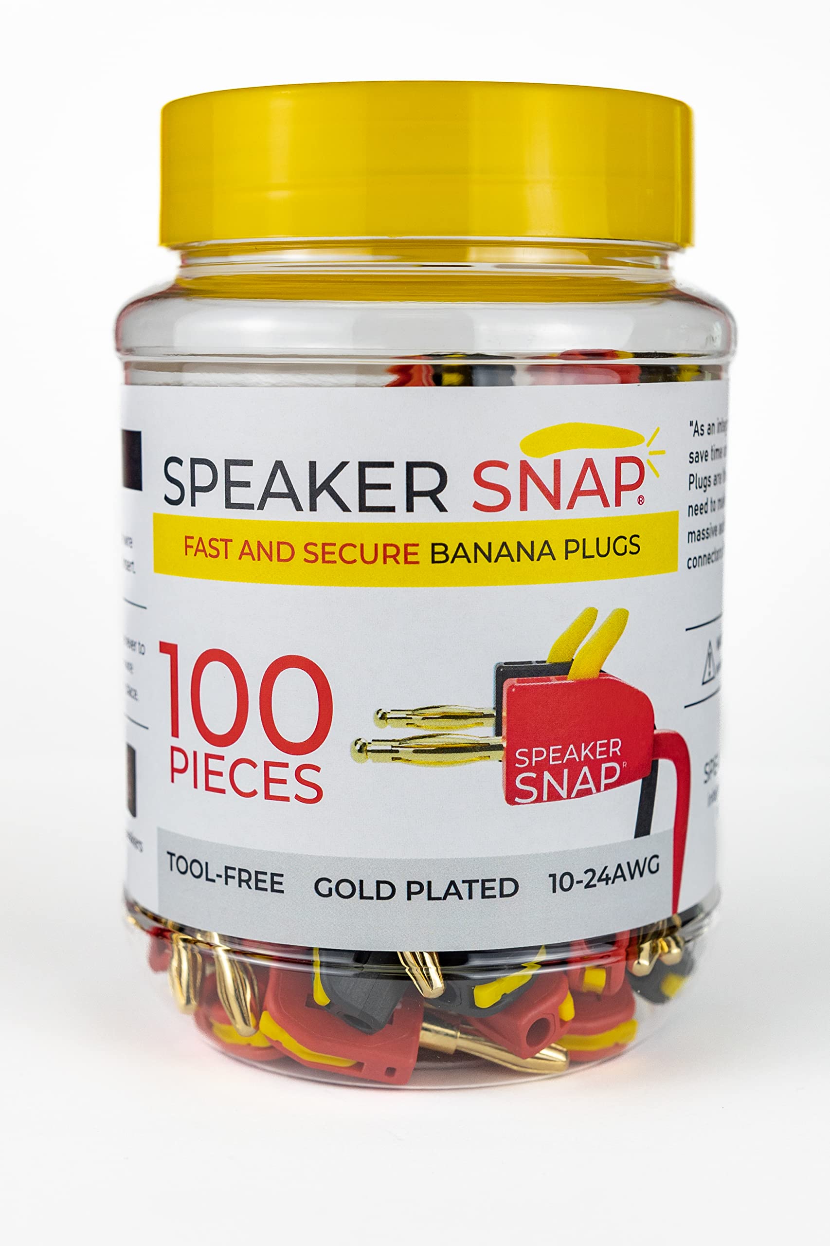 Premium Gold Plated Banana Plugs (100 Pack) - 12-24 AWG Fast & Secure Speaker Connectors for Home Theater Systems, Speaker Wires, Wall Plates & AV Receivers - Ideal for Professional Audio Setup and DIY Speaker Installations