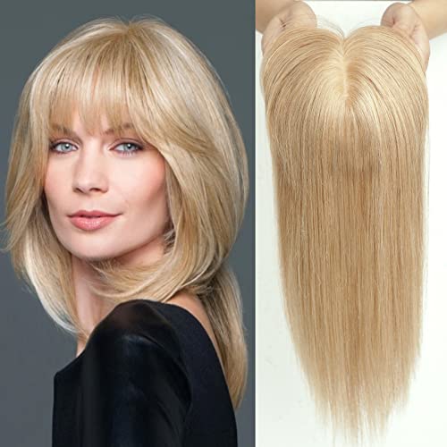 HAIRCUBE 100% Remy Human Hair Toppers for Women with Bangs - 150% Density Silk Base Clip-In Hairpiece for Slight Hair Loss, Thinning & Gray Hair (14in 40g, Ash Blonde & Bleach Blonde) | Perfect for Daily Wear, Special Occasions & Confidence Boosting