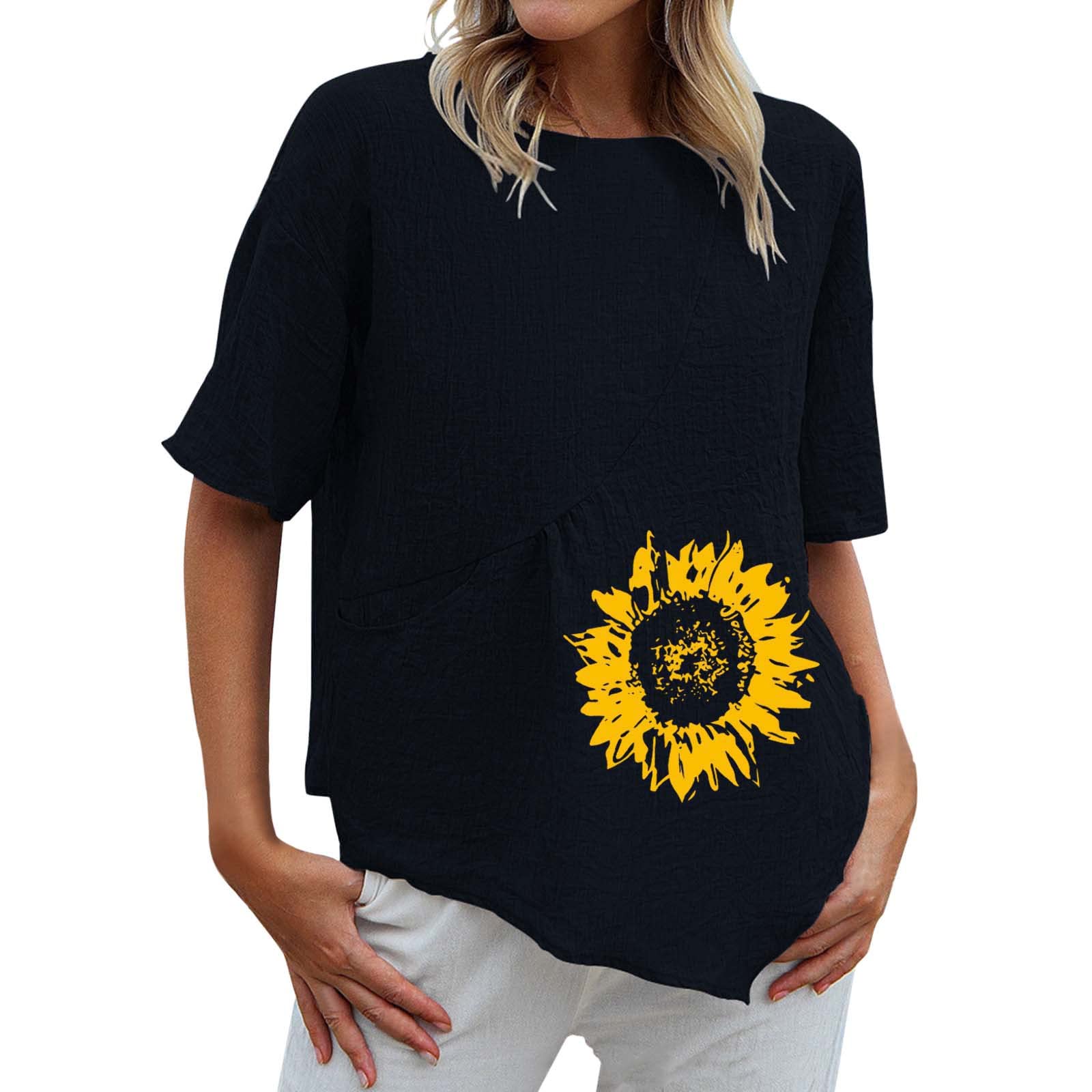 Women's Cat Print Crew Neck Short Sleeve T-Shirt - Soft Cotton Linen Blend Summer Tee - Loose Fit Casual Top with Asymmetrical Hem (Perfect for Beach Outings, Weekend Brunch & Summer Vacations)