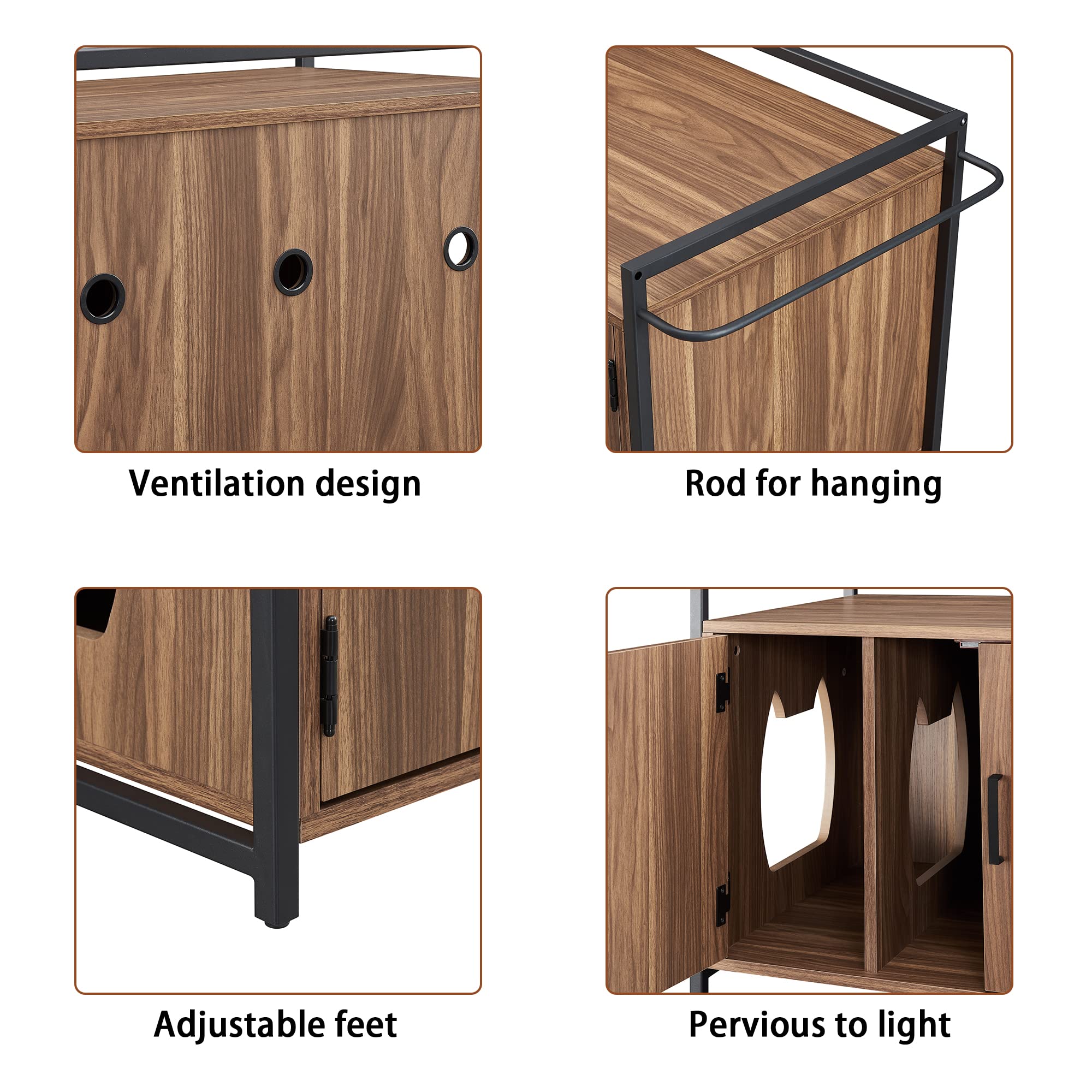 Hidden Cat Litter Box Furniture with Ventilation & Bench Seat - Sturdy Iron & Wood Pet Crate in Rustic Walnut - Discreet Litter Box Enclosure for Living Room or Bedroom