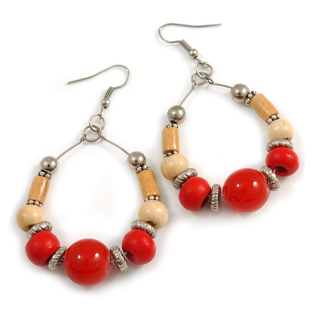 Stylish Red Ceramic and Natural Wood Bead Hoop Earrings in Silver Tone - 70mm Long Boho Chic Dangle Earrings for Women, Perfect for Parties, Weddings & Everyday Wear