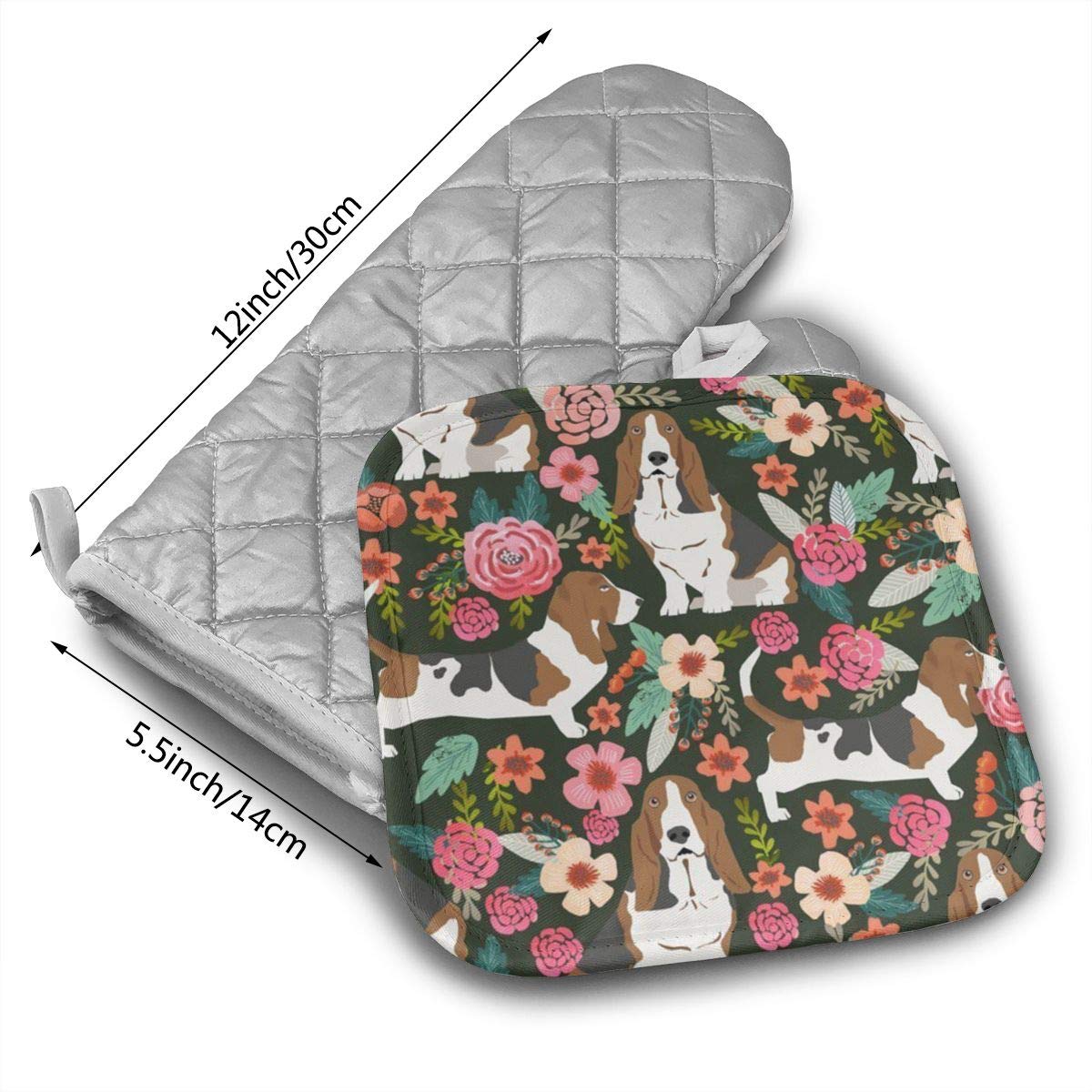 Basset Hound Floral Oven Mitts and Pot Holders Set of 2 - Heat Resistant Kitchen Baking Gloves with Soft Cotton Lining & Non-Slip Grip - Perfect for Cooking, Baking, Grilling, and BBQ Protection