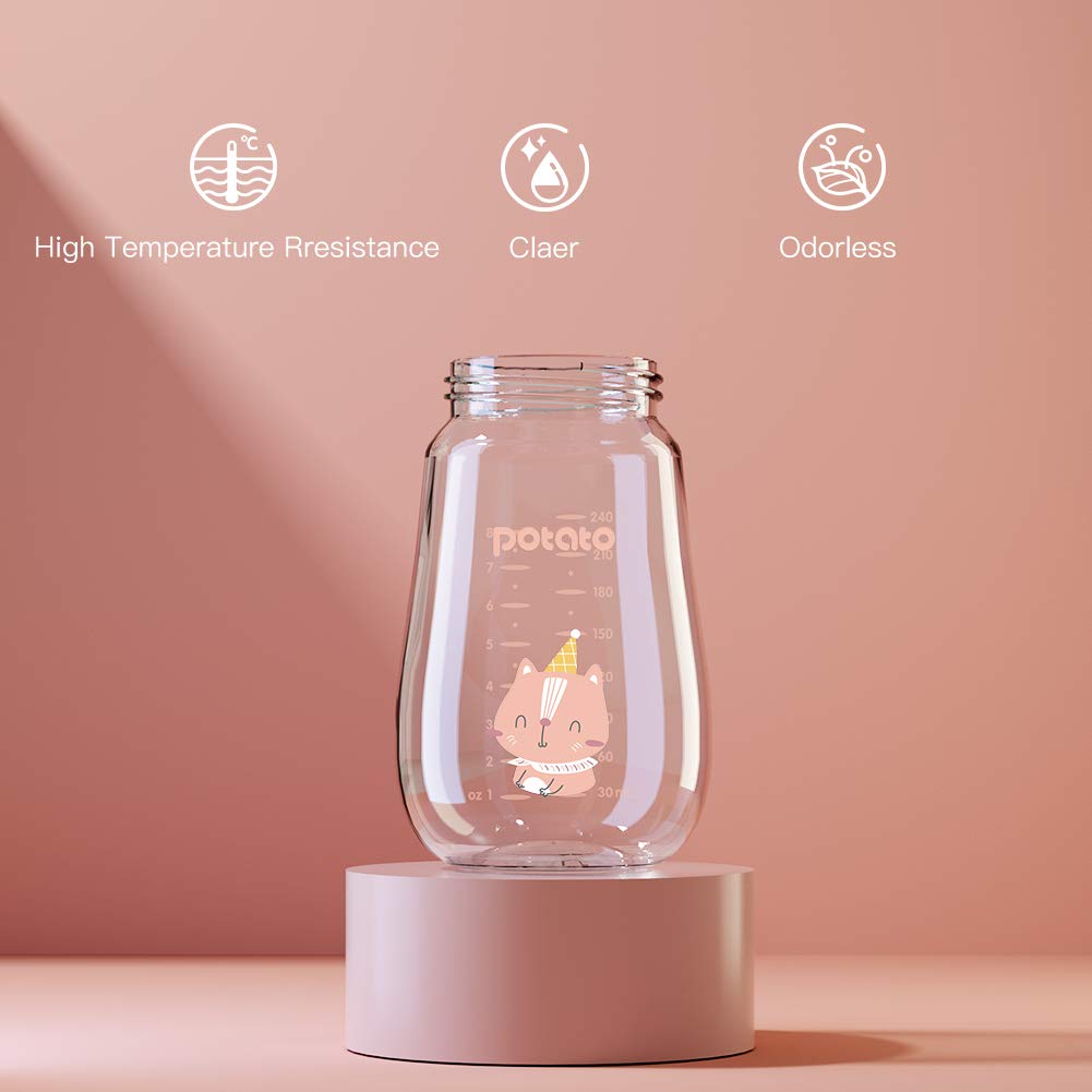 POTATO Glass Baby Bottles 8oz - Anti-Colic Breastfeeding Bottles with Fast Flow Nipple for Babies 6-12 Months - Includes 2 Replaceable Nipples - BPA-Free & Easy to Clean - Perfect for Daycare, Travel & Night Feeding (Pink)