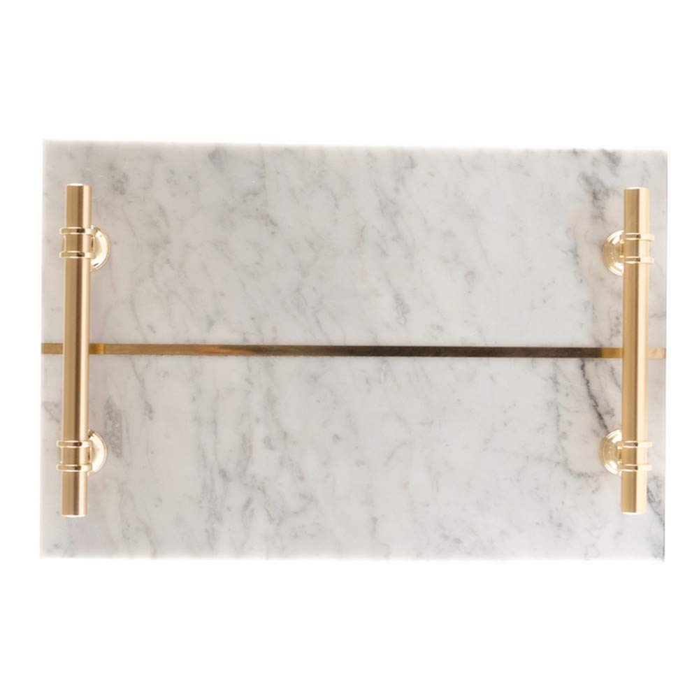 Natural Luxury White Carrara Marble Tray with Metal Handles - Elegant Bathroom Vanity Organizer for Cosmetics, Jewelry & Perfume | Perfect for Spa Days & Home Decor