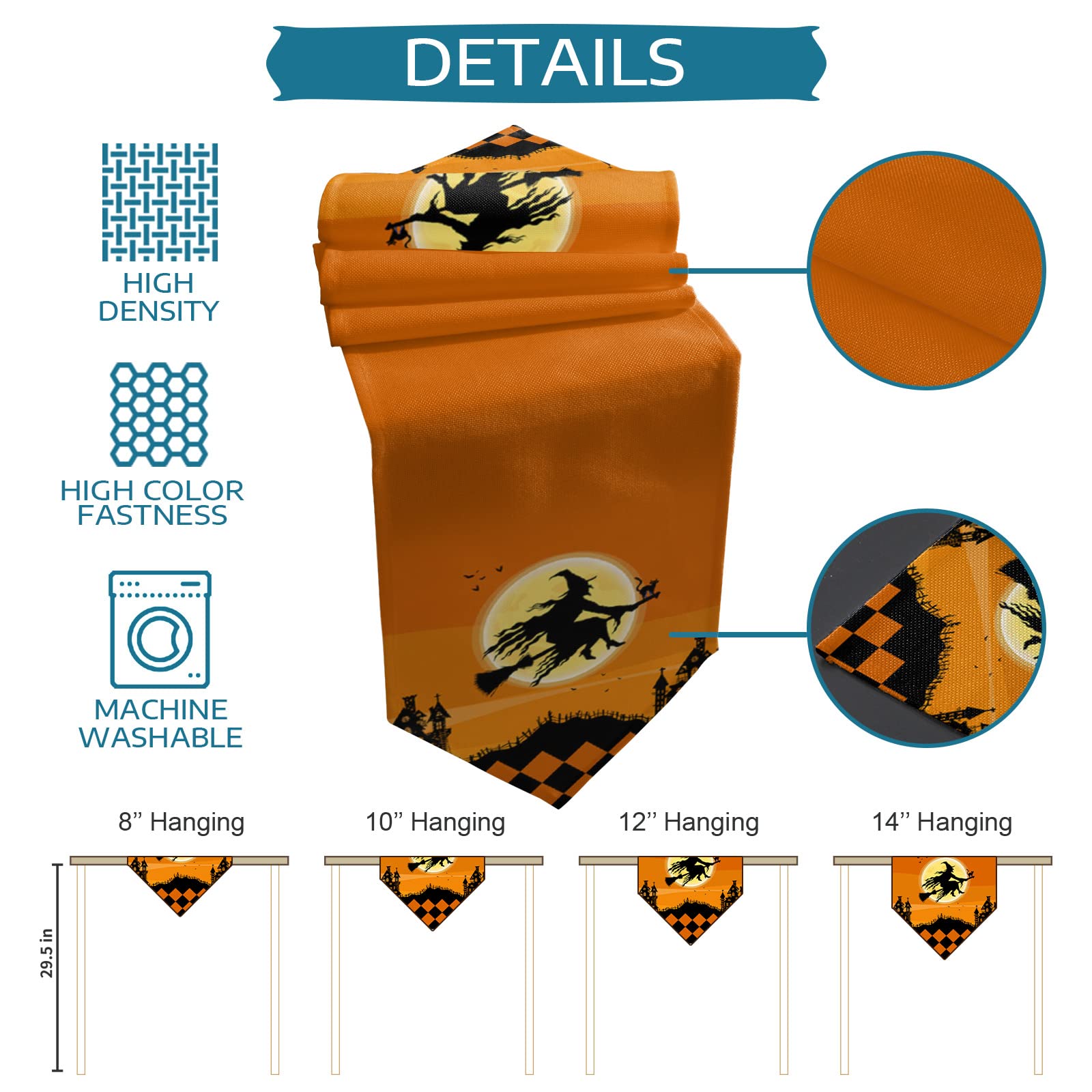 Halloween Witch Moon Castle Orange Plaid Table Runner - 13x90 Inch Long Non-Slip Washable Kitchen Dining Decor for Farmhouse, Party, Holiday Dinner - Perfect for Halloween Decorations, Thanksgiving Table Setting & Christmas Dinner Centerpiece