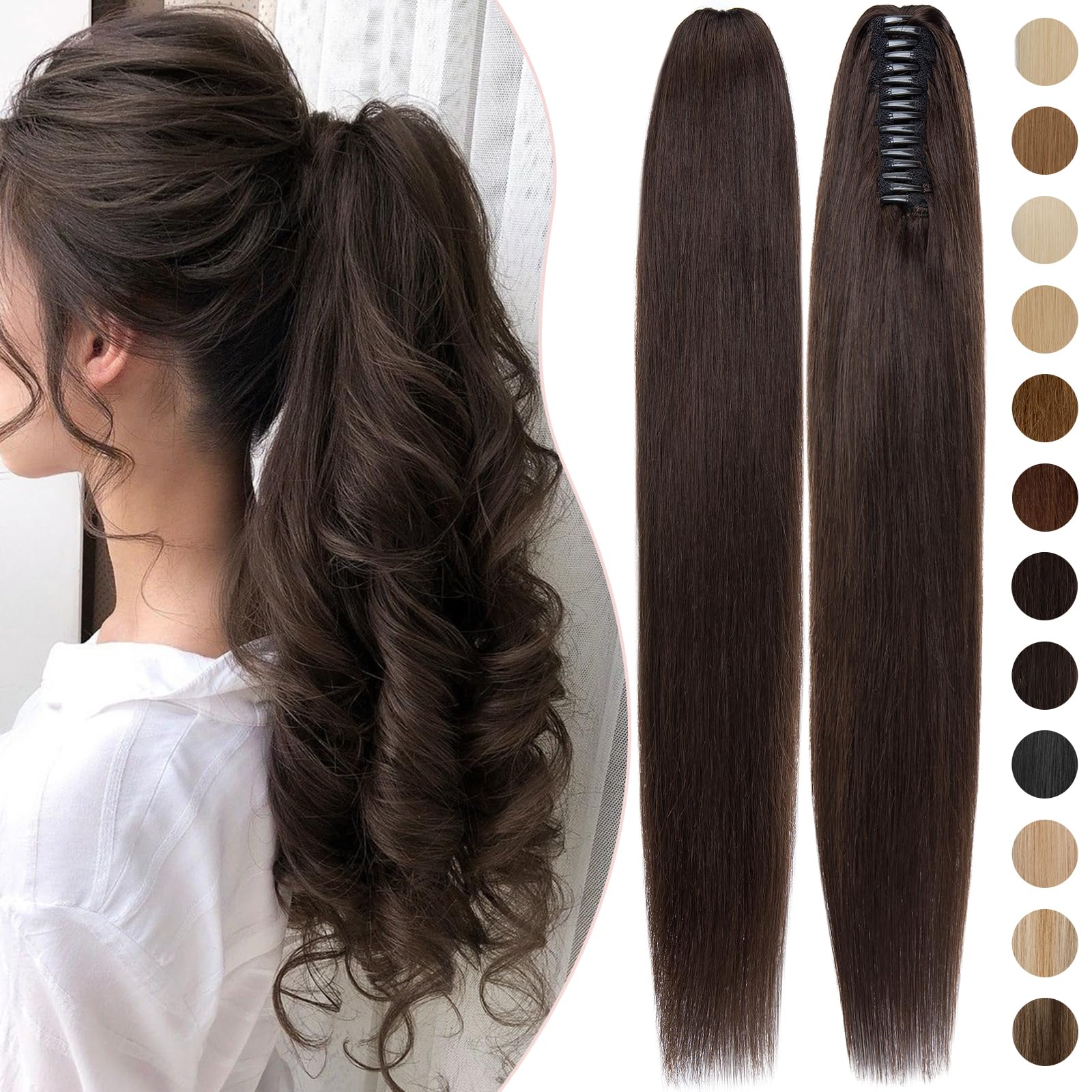 Premium 20 Inch Human Hair Ponytail Extension - Real Hair Clip-In Ponytail with Balayage Dark Brown (#2) for Women | 120g Straight Hair Extensions | Perfect for Parties, Weddings & Everyday Styling