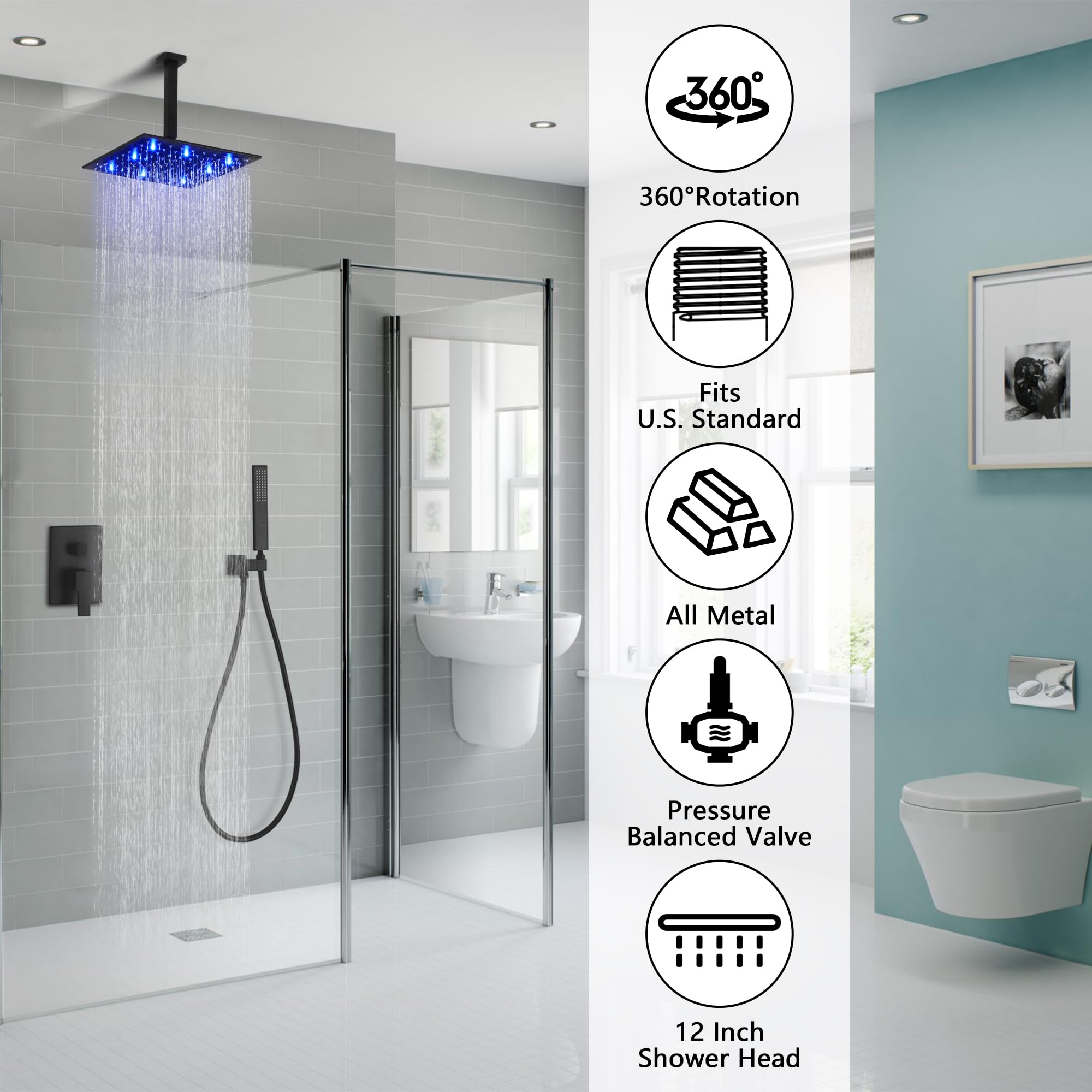 SKOWLL Matte Black Rainfall Shower System - 12 Inch Ceiling Mount LED Shower Head with 2-Function Valve Kit & Handle Set | Modern Bathroom Upgrade for Spa-Like Experience