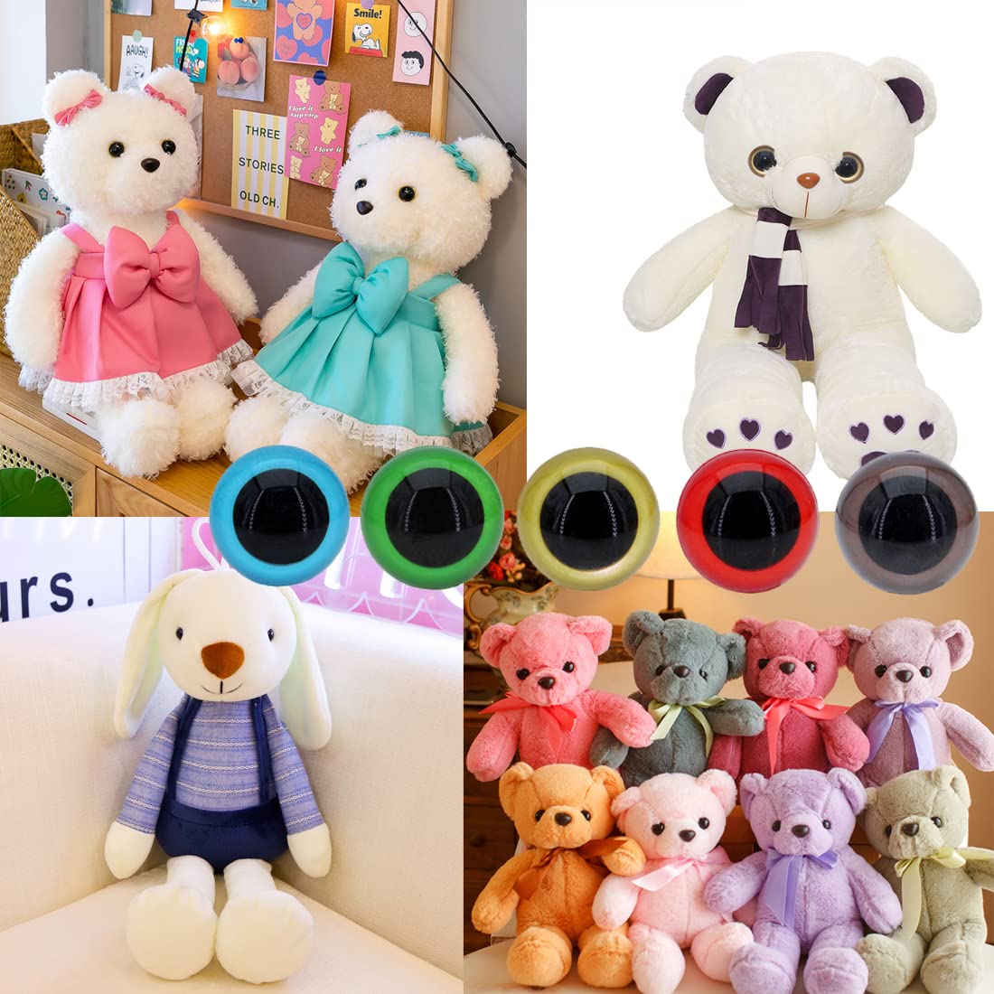 BESTCYC 70pcs 15mm Plastic Safety Eyes - 5 Color Round Craft Eyes with Washers for DIY Stuffed Animals, Puppets, Crochet Toys, Amigurumi, Bear Making & Doll Crafting Supplies