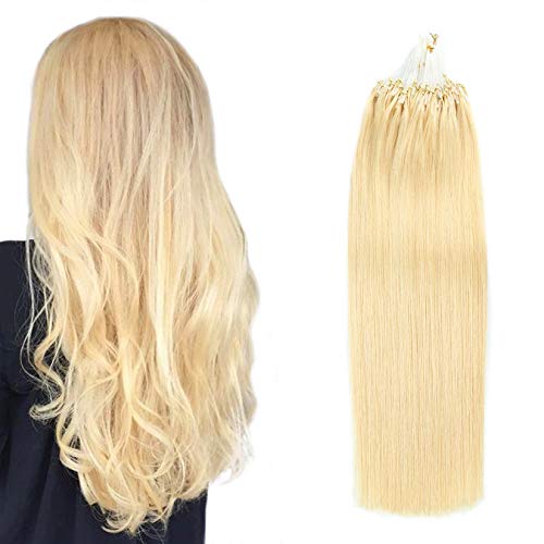 Fiunkes Remy Human Hair Extensions 20inch (50cm) 613 Blonde Straight Micro Loop Beads 50g - Natural Real Hair for Micro Ring Extensions, Perfect for Daily Styling & Special Occasions