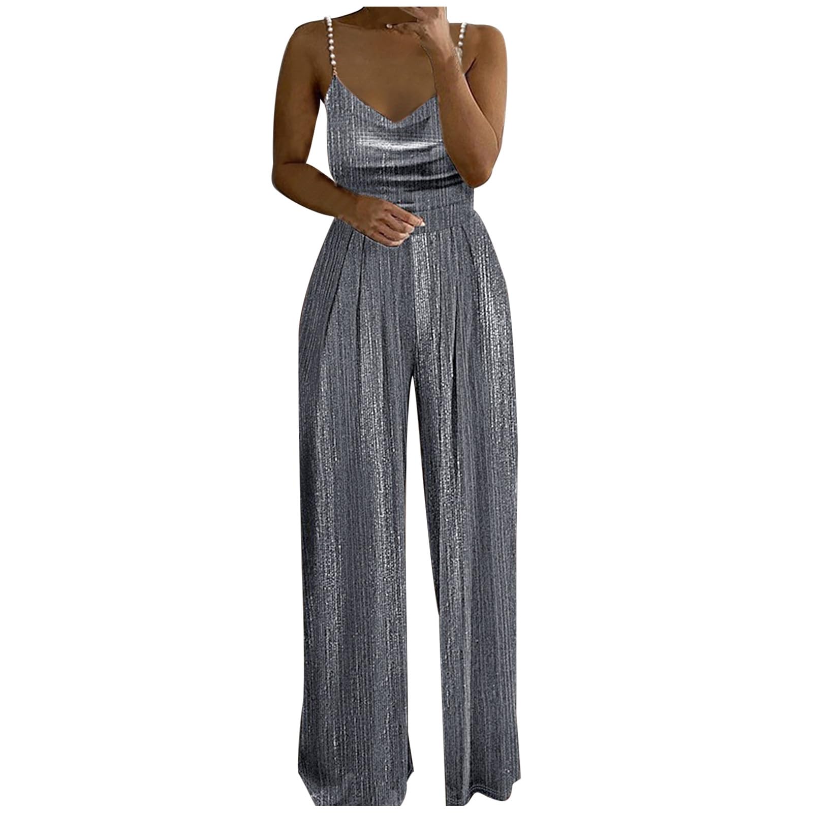 Aniywn Women's Jumpsuit - Elegant Pearl Strap Sweetheart V-Neck High Waist Romper | Casual Summer Pantsuit for Date Night, Beach Vacation & Office Wear