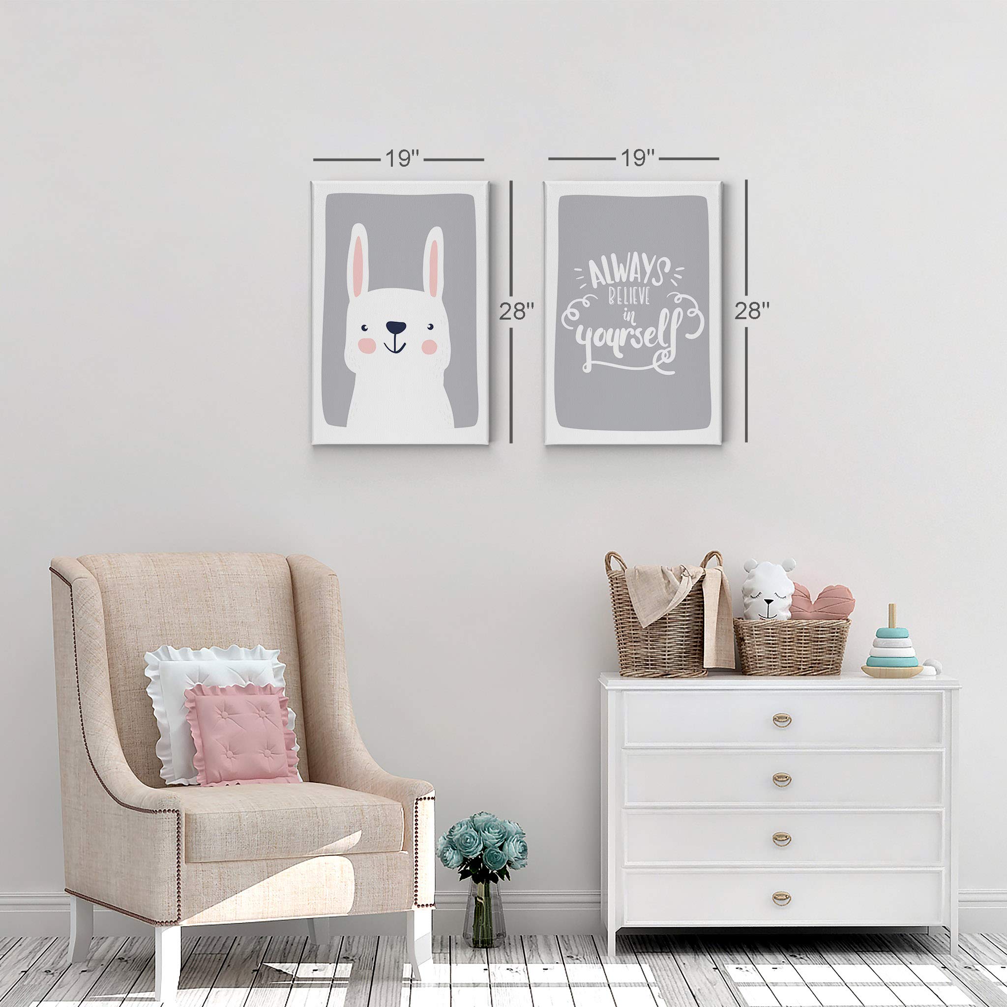 Cute Rabbit & Motivational Quote 2-Piece Canvas Wall Art Set - Gray Background Nursery Decor for Baby Boy & Girl Rooms (40x30 Inches, Rolled) | Made in USA | Perfect for Kids' Bedroom, Playroom & Nursery Wall Decor