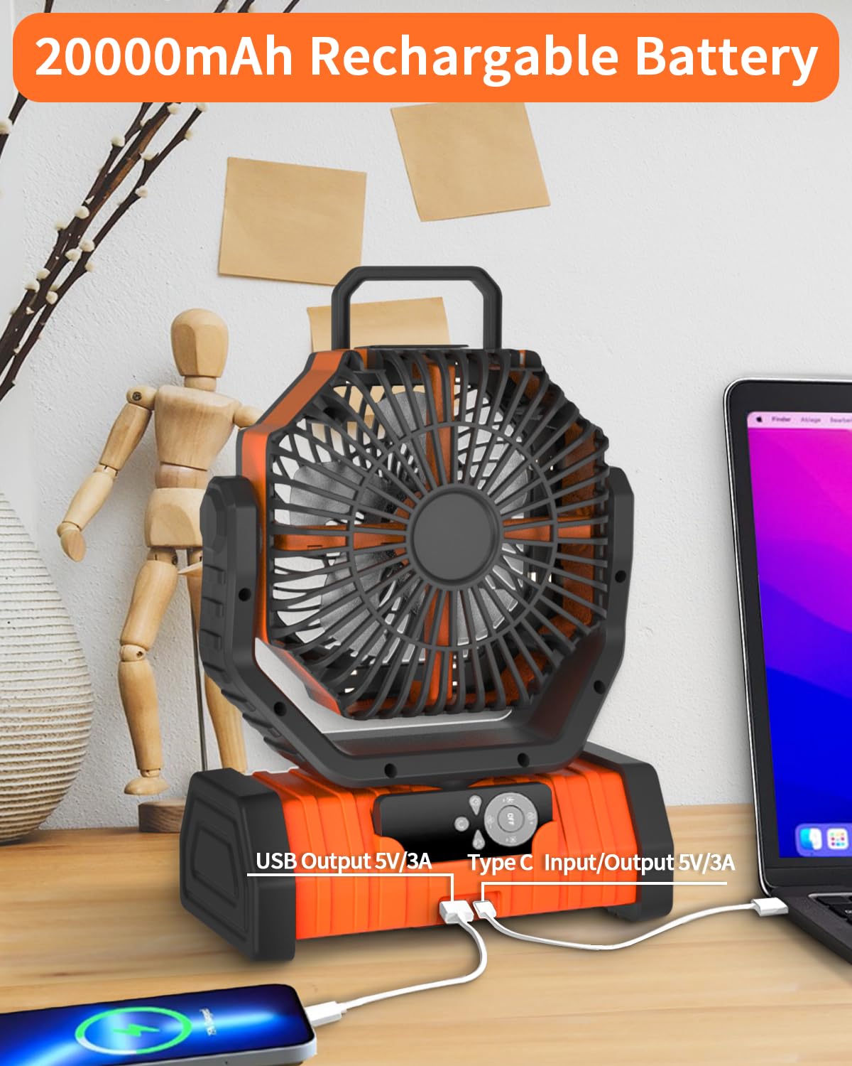ADUST 20000mAh Rechargeable Battery Powered Camping Fan with LED Lantern - Portable Oscillating Fan with 360° Rotation & Hanging Hook - USB Desk Fan for Tent, Bedroom, Office, Outdoor Adventures (Orange)