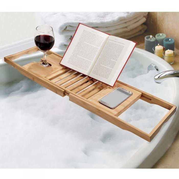 Premium Bamboo Bath Caddy Tray - Spa Relaxation Tray with Wine Glass Holder & Book Stand - Perfect for Bath Time, Reading & Self-Care Moments