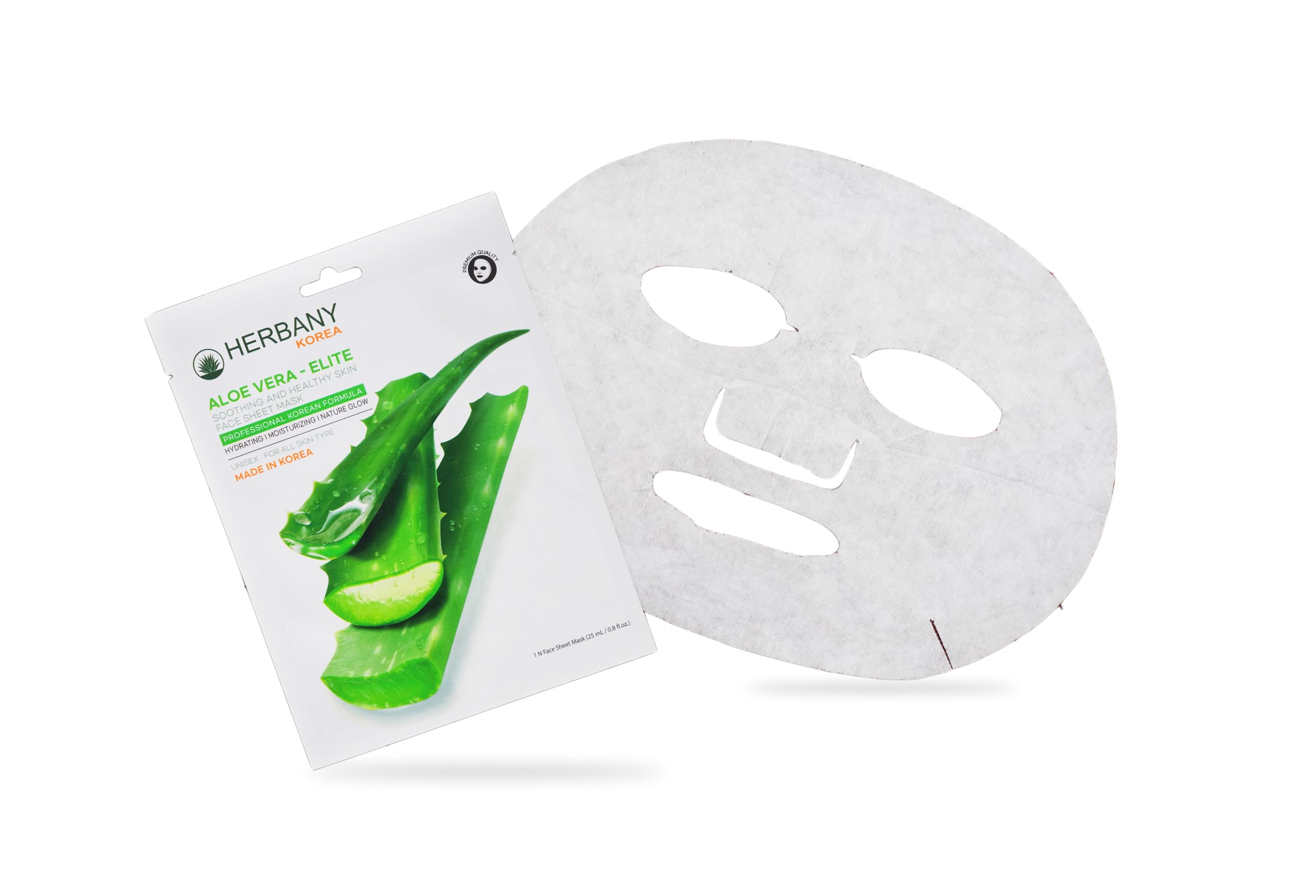 HERBANY KOREA Aloe Vera Face Mask Pack of 5 - Soothing & Hydrating Sheet Mask for Healthy Skin, Korean Skincare for Men & Women - 25ml Each - Perfect for Dry Skin Care & Post-Sun Recovery
