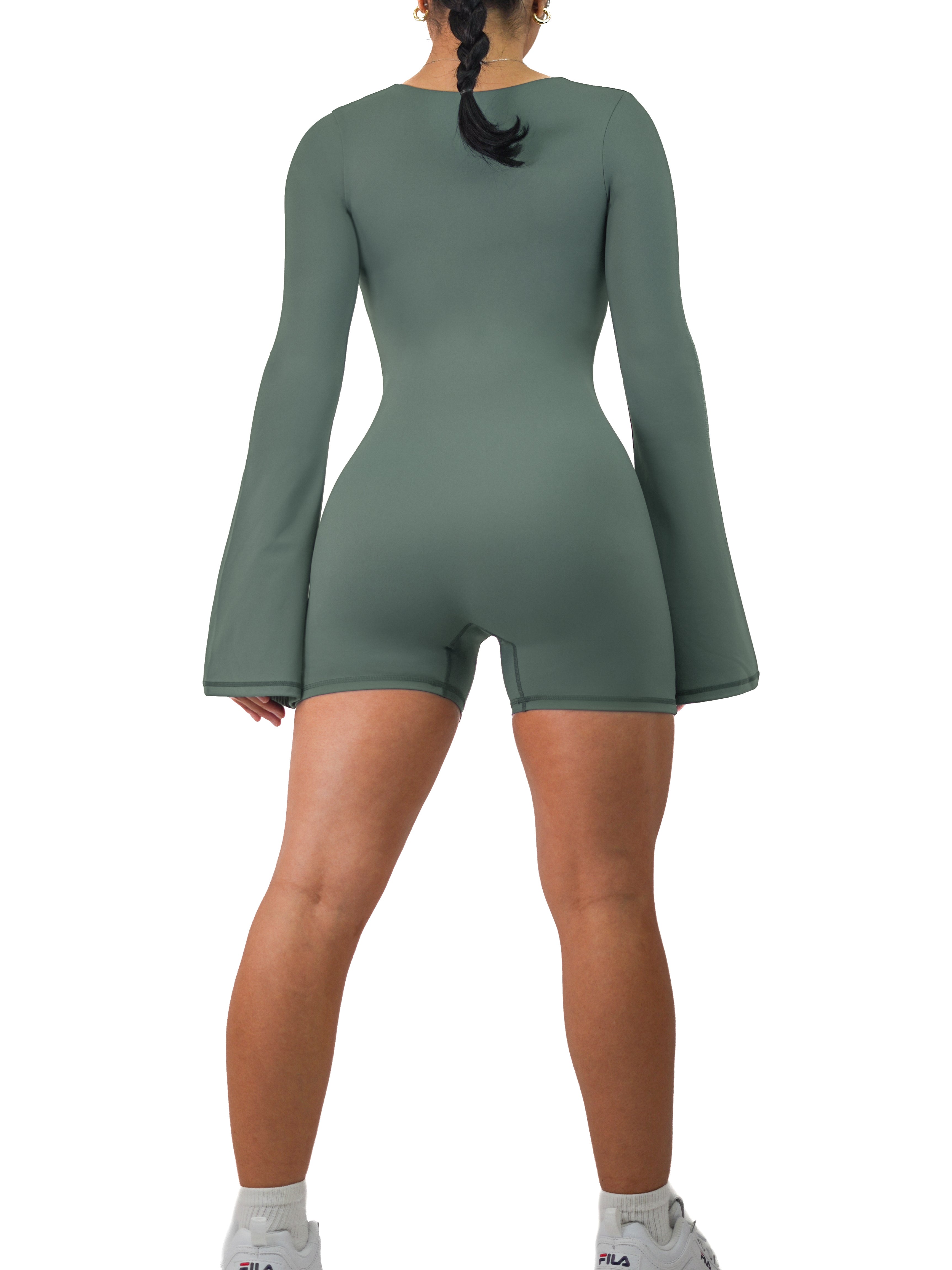 American Doll Flared Long Sleeve Short Romper - Stone Green Baby Jumpsuit for Girls | Perfect for Playdates, Photoshoots & Casual Outings