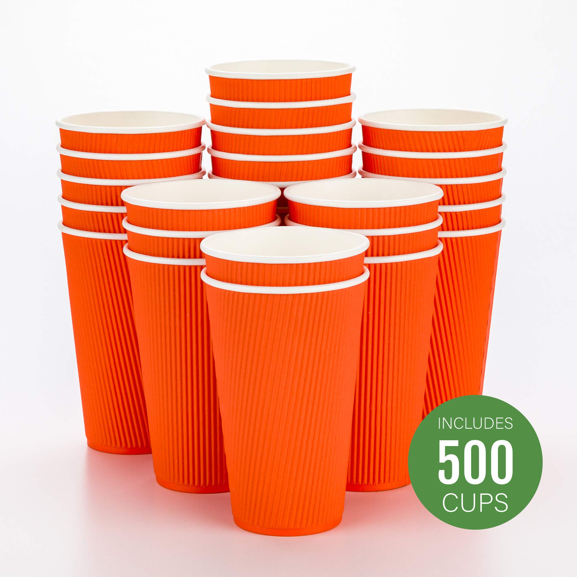 16oz Disposable Coffee Cups - 500 Pack Ripple Wall Hot Cups for Coffee, Tea & More | Rolled Rim, Orange Paper Insulated Cups (Lids Sold Separately) | Perfect for Restaurants, Cafes, Offices & Home Use