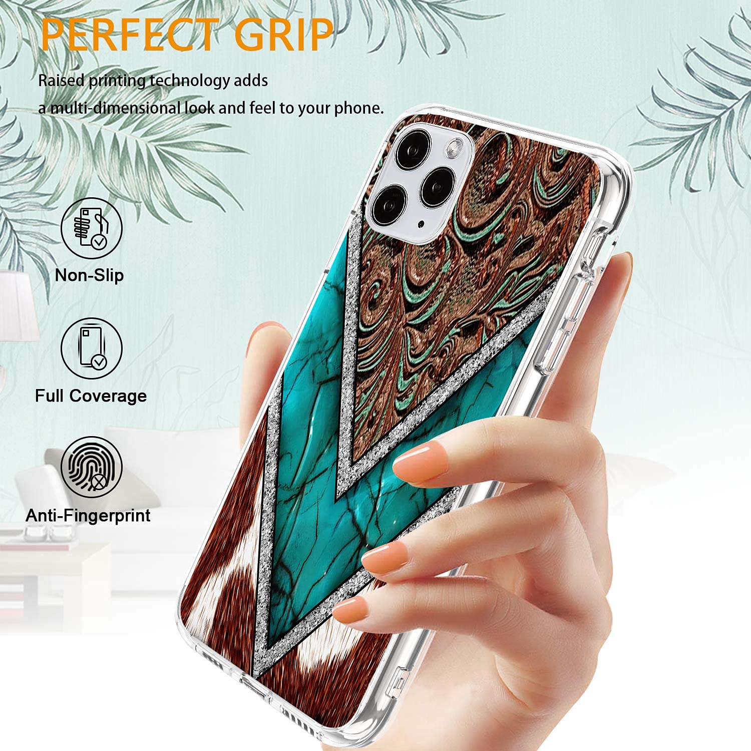 iPhone 12/12 Pro Clear Case - Slim Soft TPU Western Cowhide Turquoise & Brown Animal Print Shockproof Protective Cover | Perfect for Everyday Use, Travel & Outdoor Activities