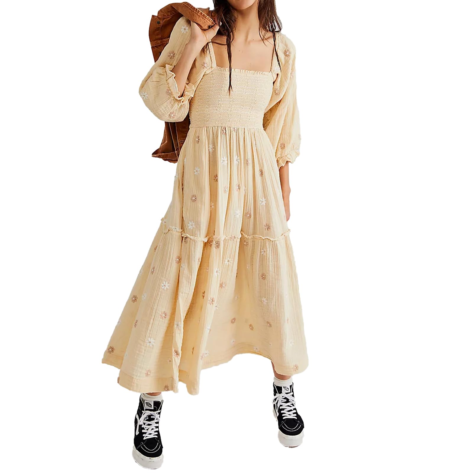 Women's Floral Embroidered Maxi Dress with Long Puff Sleeves & Square Neck - Bohemian Flowy Summer Dress with Pockets & Smocked Waist | Perfect for Beach Vacations, Date Nights & Fall Weddings