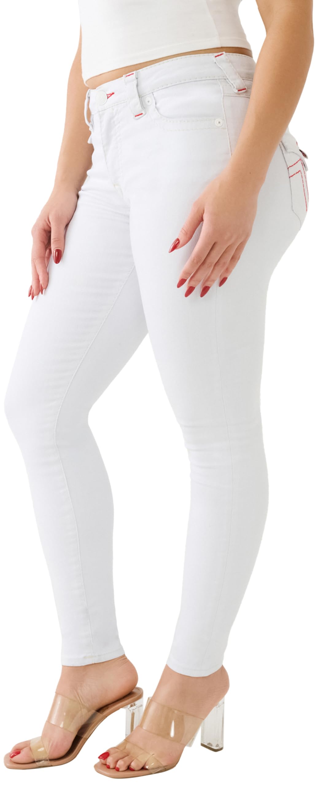 True Religion Women's Jennie Curvy Skinny Big T Flap Jeans - High Waist Stretch Denim Pants in Optic White Size 33 | Perfect for Casual Wear, Night Out & Street Style Fashion