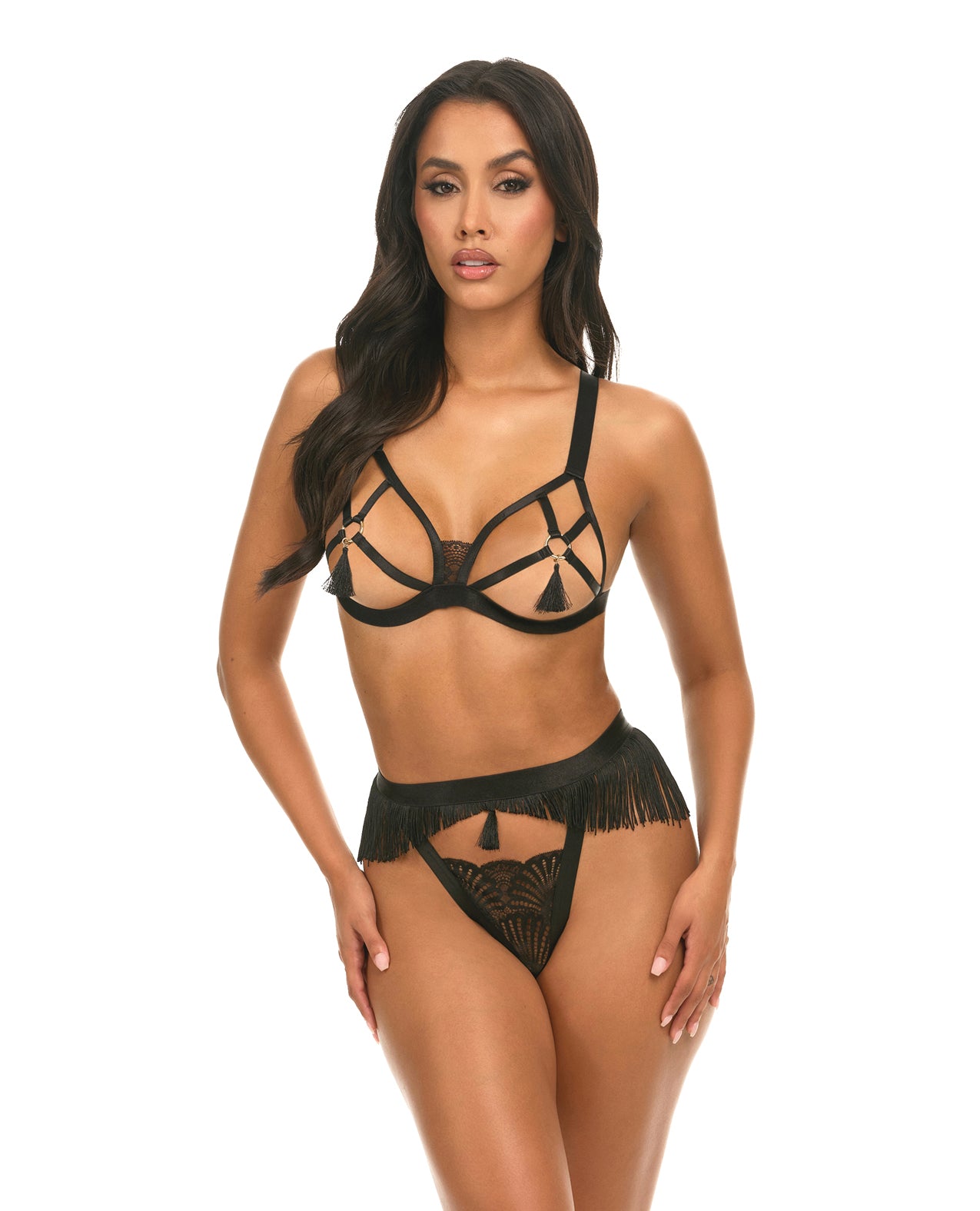 Annika Open Cup 2-Piece Set with Fringe and Tassel Details - Black L/XL - Stylish Bralette & Underwear for Women | Perfect for Casual Wear, Date Nights & Lingerie Collection