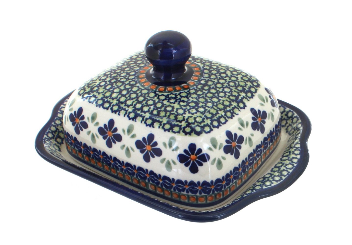 Blue Rose Polish Pottery Mosaic Flower Square Butter Dish - Elegant Butter Keeper for Dining Table, Kitchen Decor, and Gift Giving